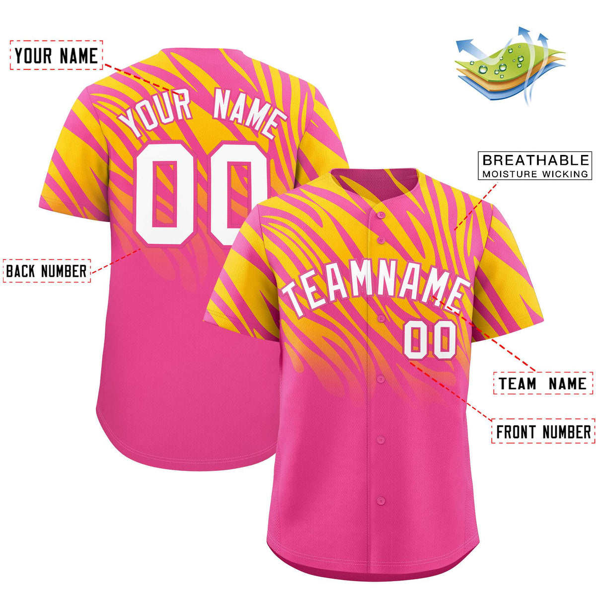 Custom Pink Gold Tiger Stripe Gradient Animal Print Personalized Team Shirt Baseball Jersey