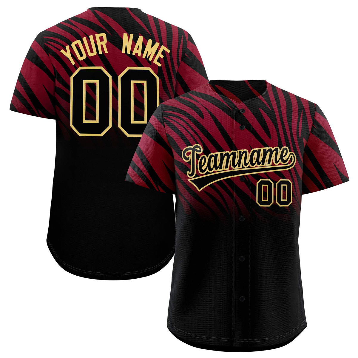 Custom Crimson Black Tiger Stripe Gradient Animal Print Personalized Team Shirt Baseball Jersey