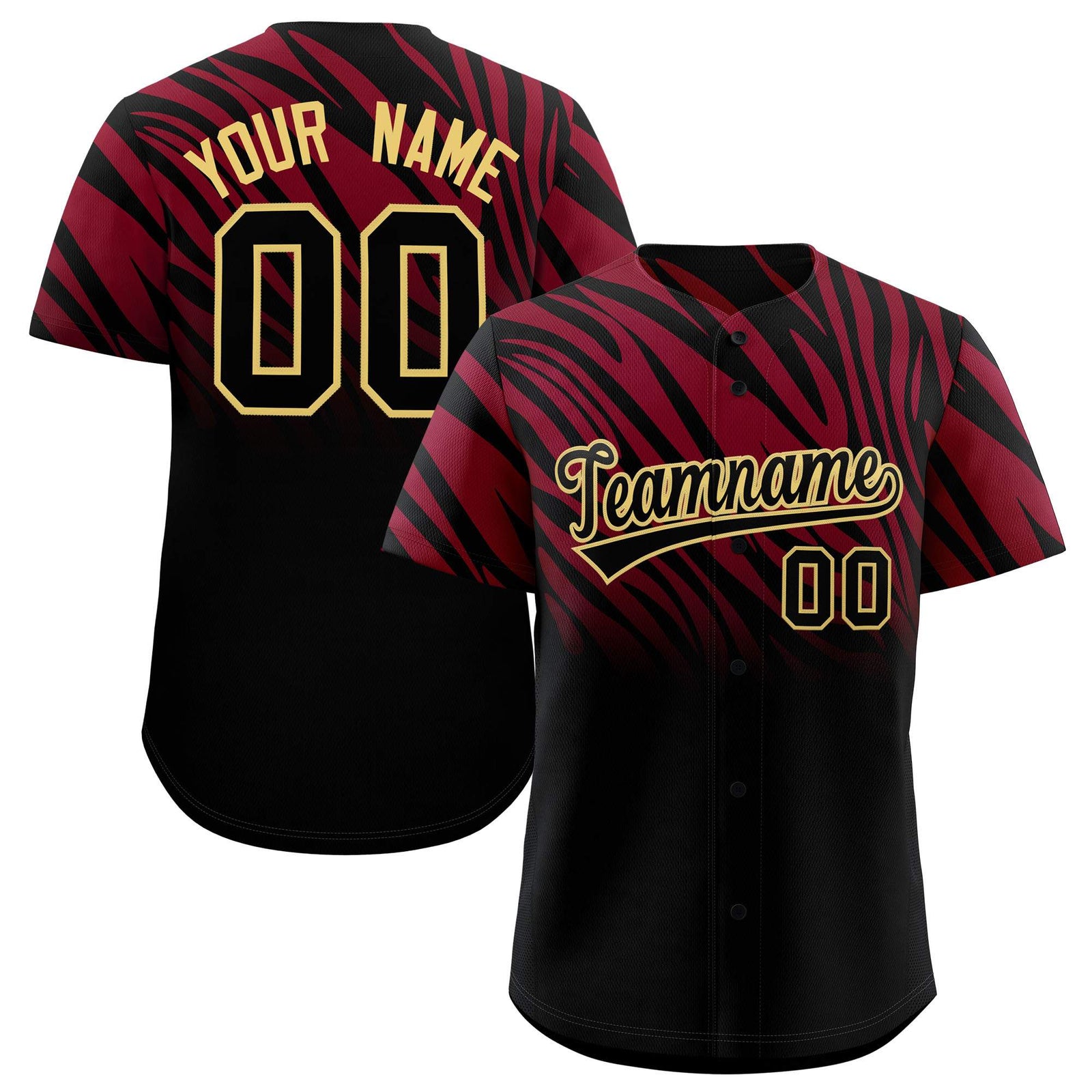 Custom Crimson Black Tiger Stripe Gradient Animal Print Personalized Team Shirt Baseball Jersey