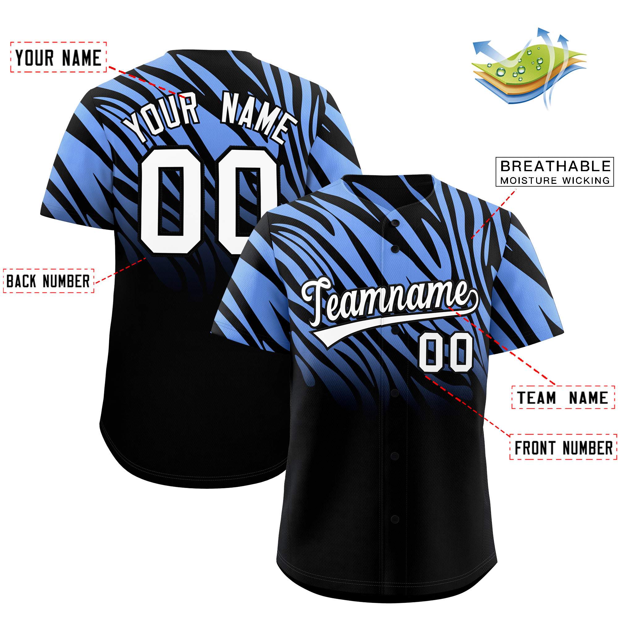 Custom Light Blue Black Tiger Stripe Gradient Animal Print Personalized Team Shirt Baseball Jersey