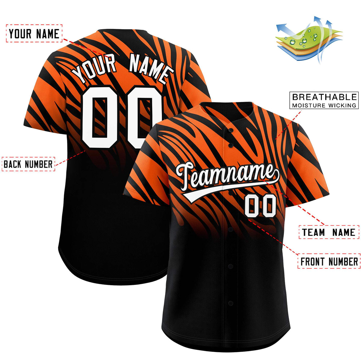 Custom Orange Black Tiger Stripe Gradient Animal Print Personalized Team Shirt Baseball Jersey