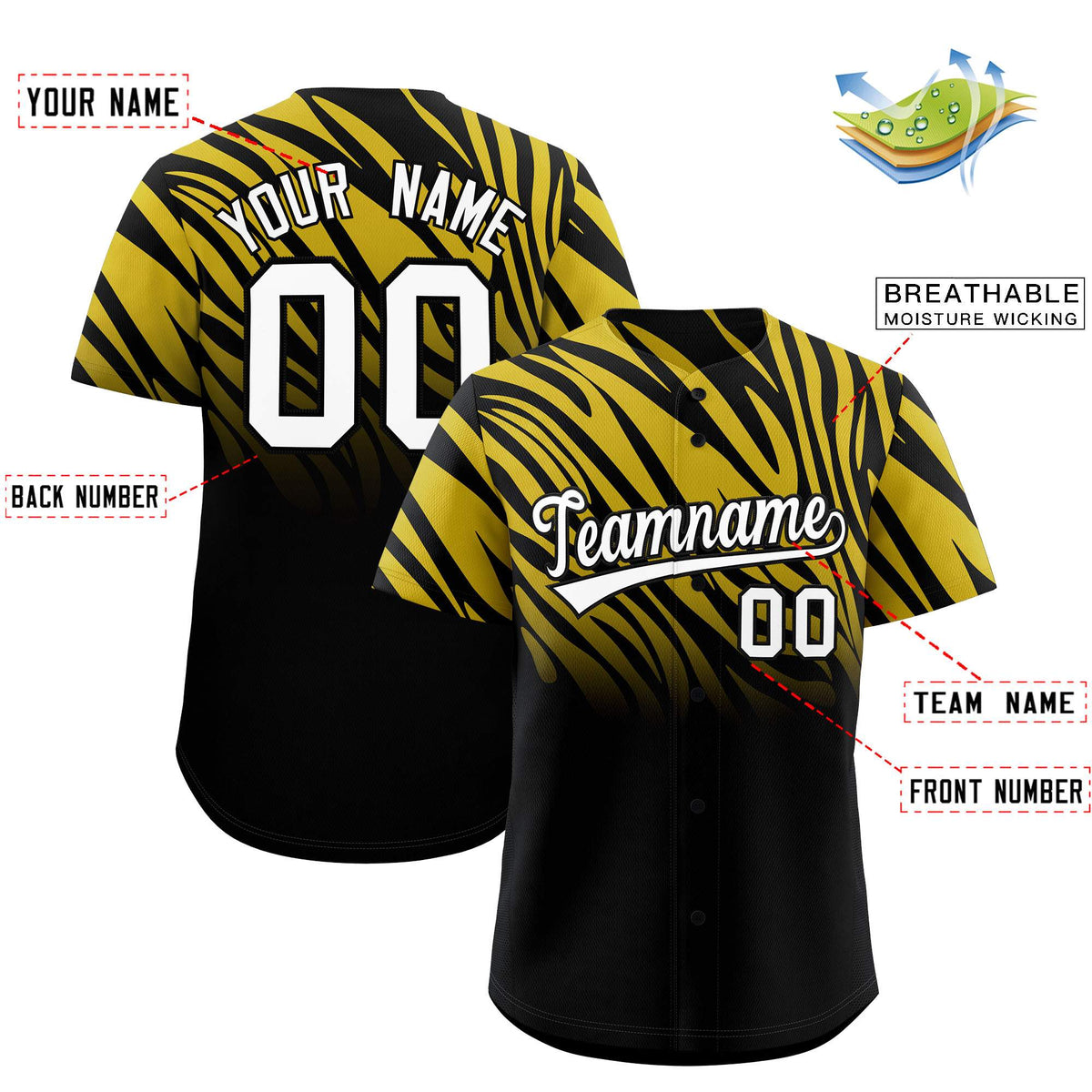 Custom Old Gold Black Tiger Stripe Gradient Animal Print Personalized Team Shirt Baseball Jersey