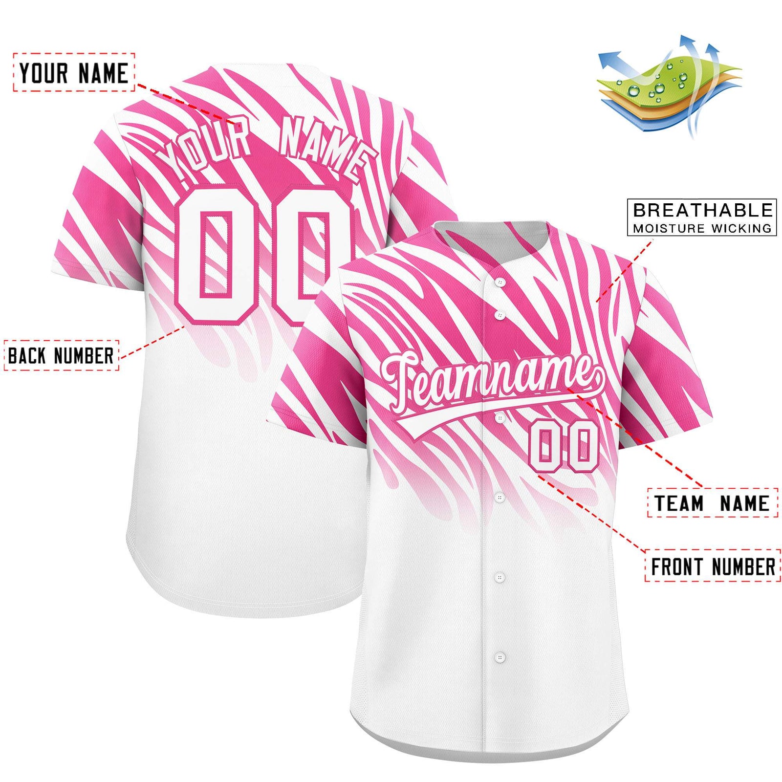 Custom Pink White Tiger Stripe Gradient Animal Print Personalized Team Shirt Baseball Jersey