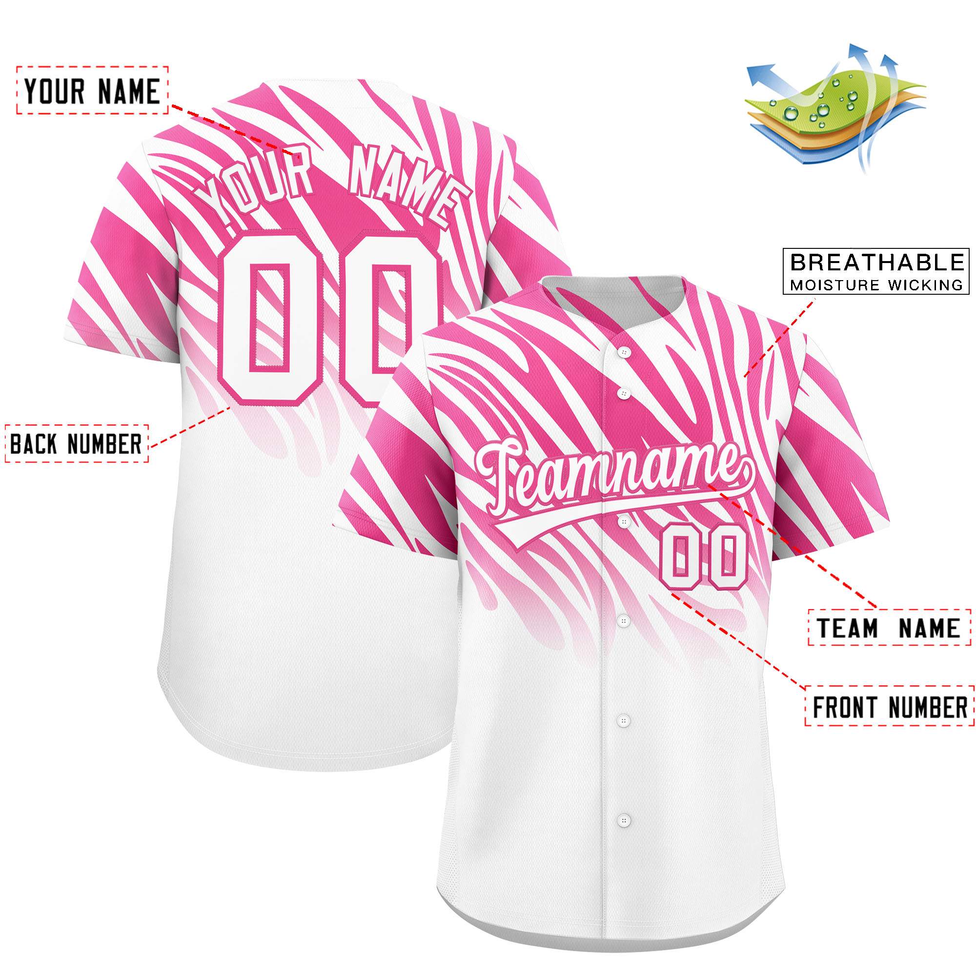Custom Pink White Tiger Stripe Gradient Animal Print Personalized Team Shirt Baseball Jersey