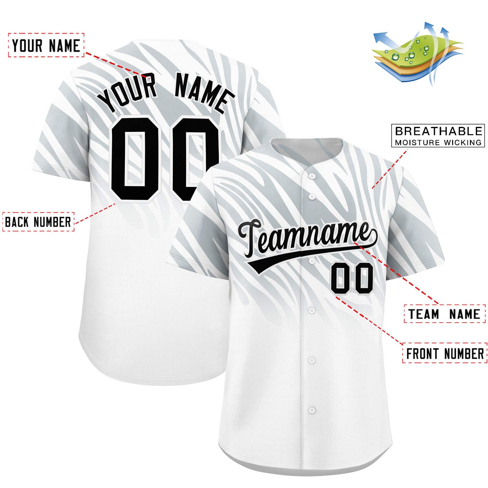 Custom Silver White Tiger Stripe Gradient Animal Print Personalized Team Shirt Baseball Jersey