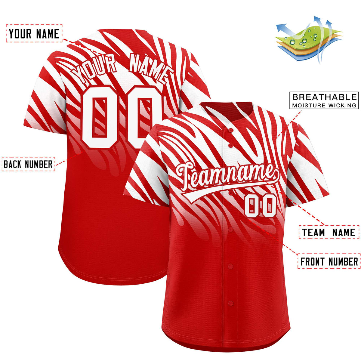 Custom Red White Tiger Stripe Gradient Animal Print Personalized Team Shirt Baseball Jersey