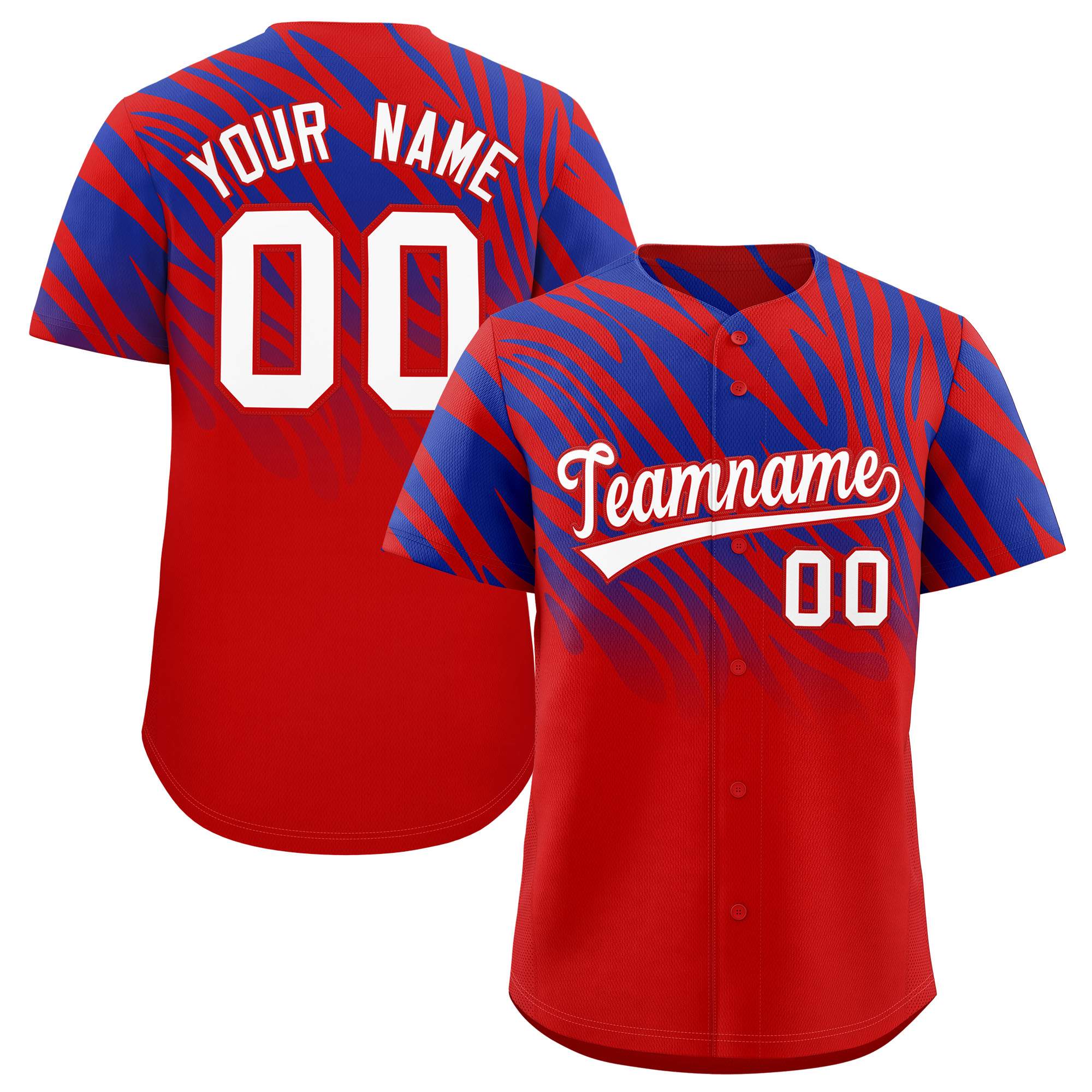 Custom Royal Red Tiger Stripe Gradient Animal Print Personalized Team Shirt Baseball Jersey