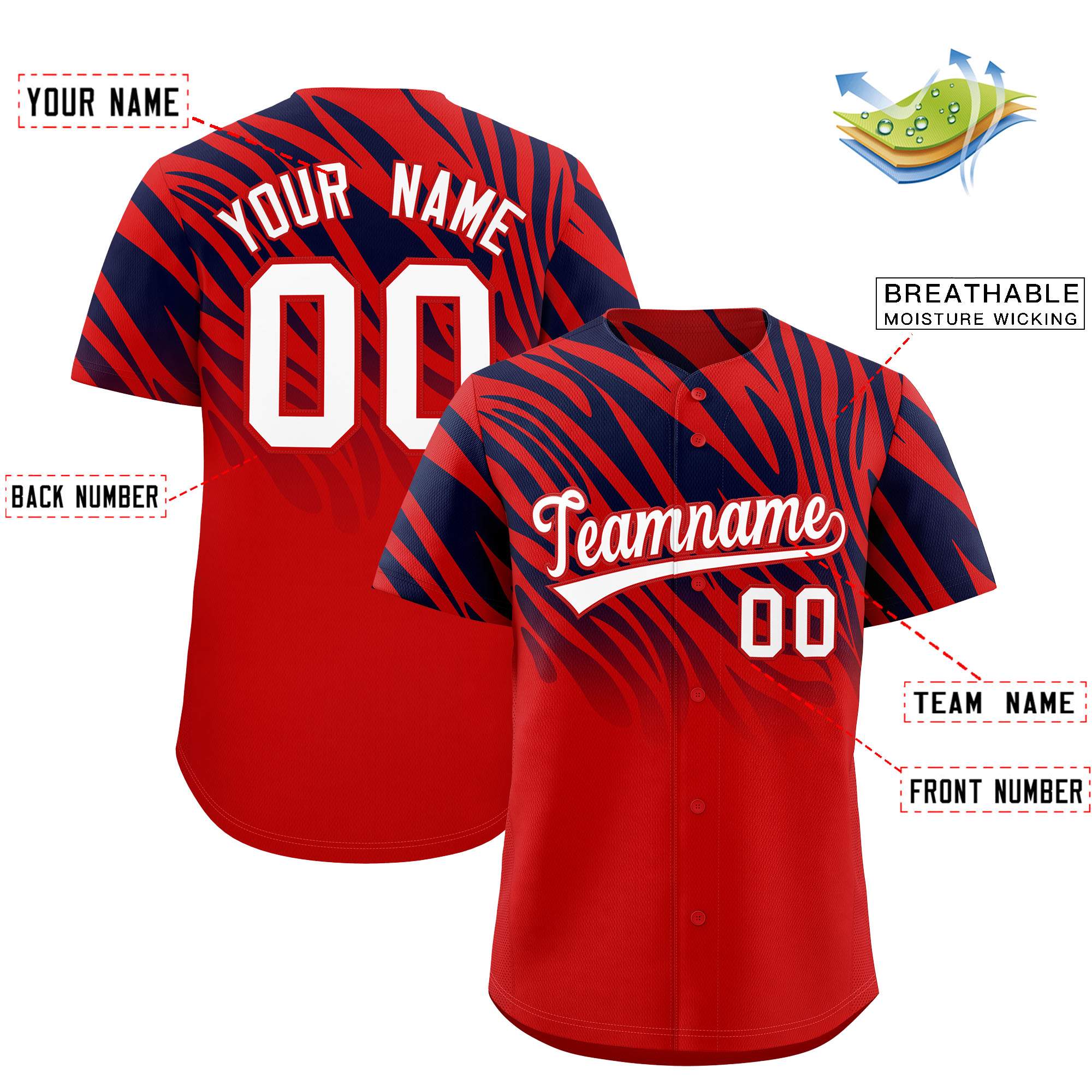 Custom Navy Red Tiger Stripe Gradient Animal Print Personalized Team Shirt Baseball Jersey