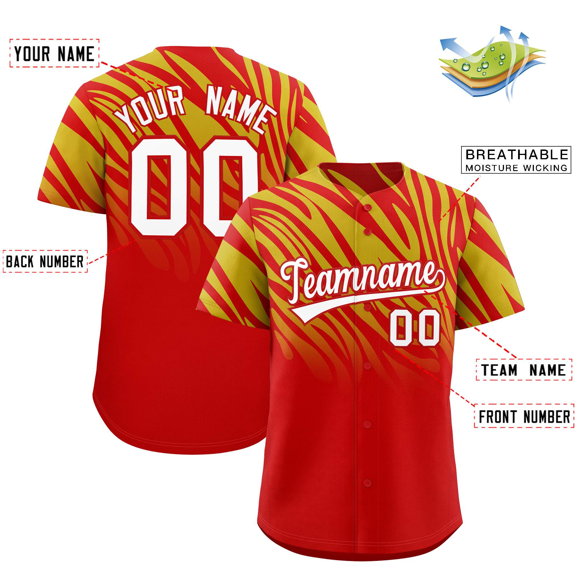 Custom Old Gold Red Tiger Stripe Gradient Animal Print Personalized Team Shirt Baseball Jersey