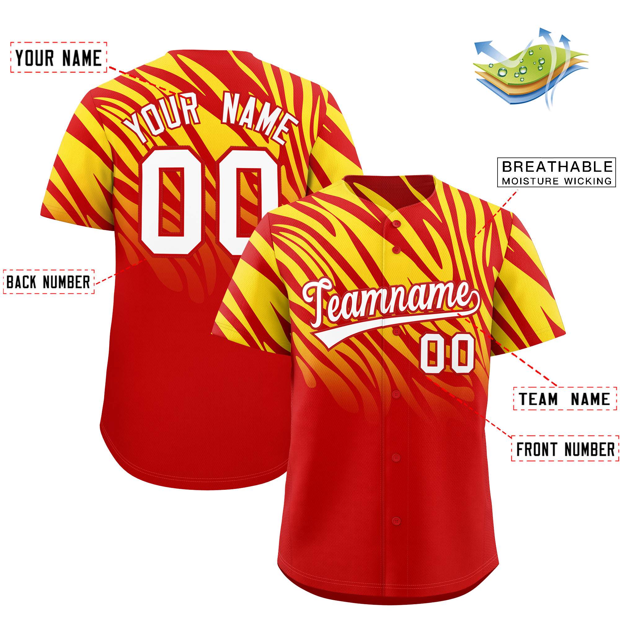 Custom Red Gold Tiger Stripe Gradient Animal Print Personalized Team Shirt Baseball Jersey
