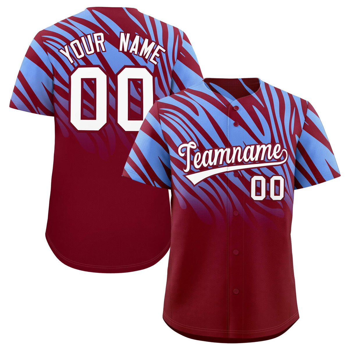 Custom Light Blue Crimson Tiger Stripe Gradient Animal Print Personalized Team Shirt Baseball Jersey