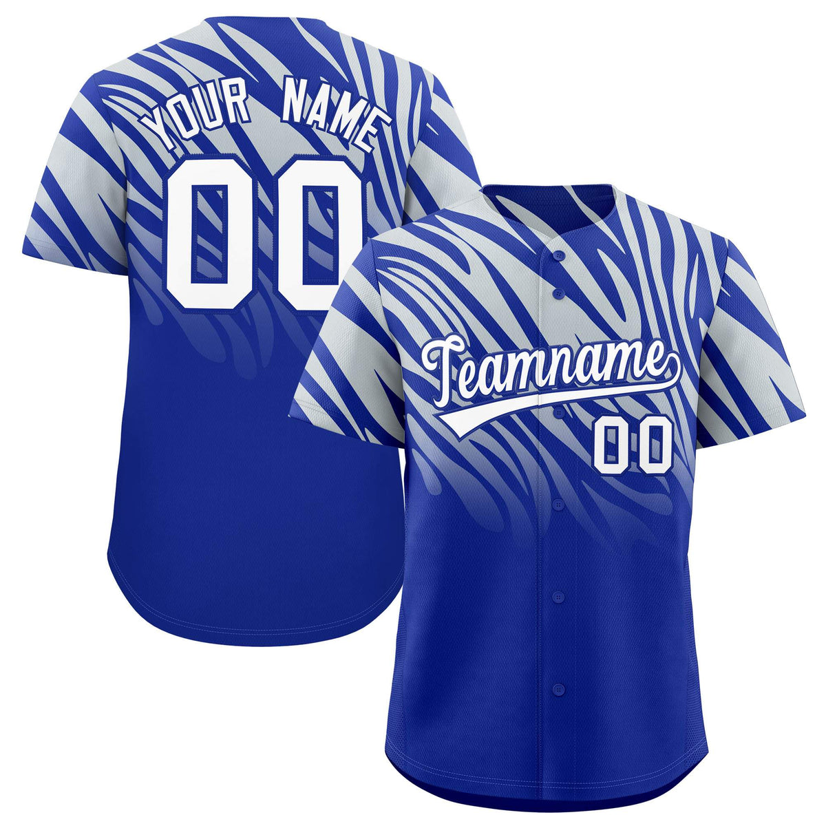Custom Royal Silver Tiger Stripe Gradient Animal Print Personalized Team Shirt Baseball Jersey