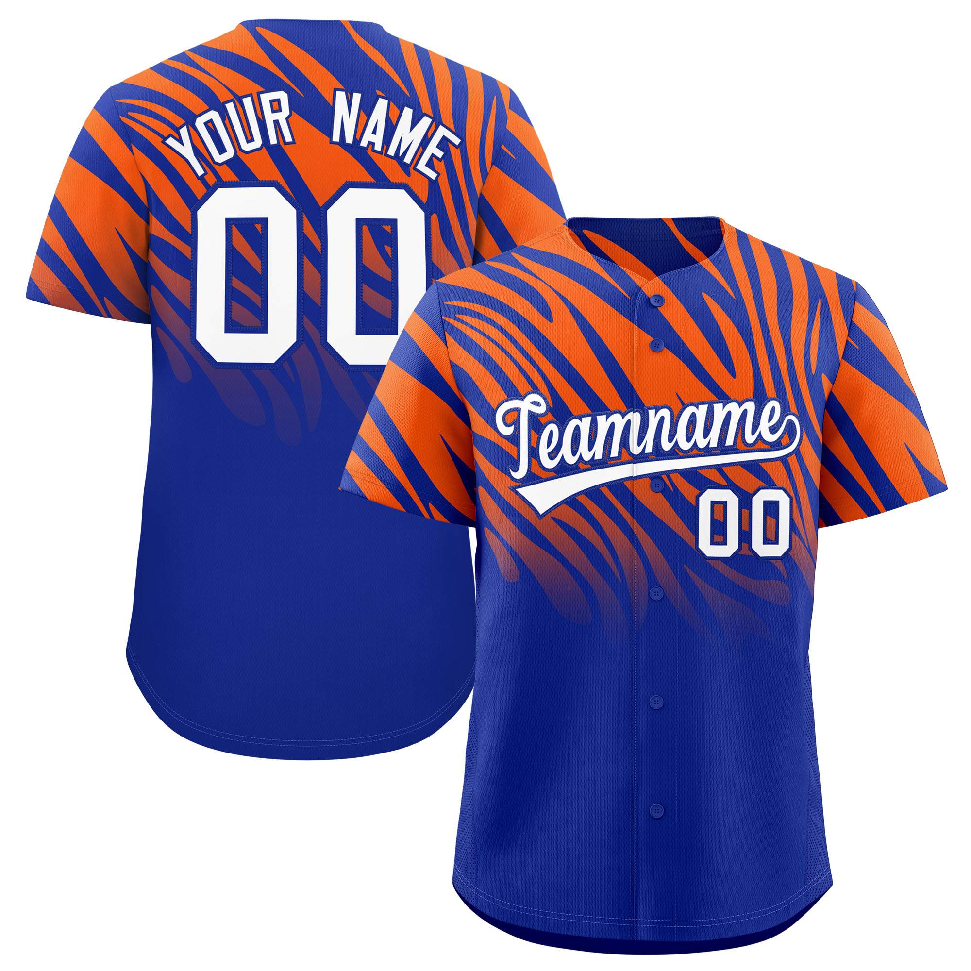 Custom Royal Orange Tiger Stripe Gradient Animal Print Personalized Team Shirt Baseball Jersey