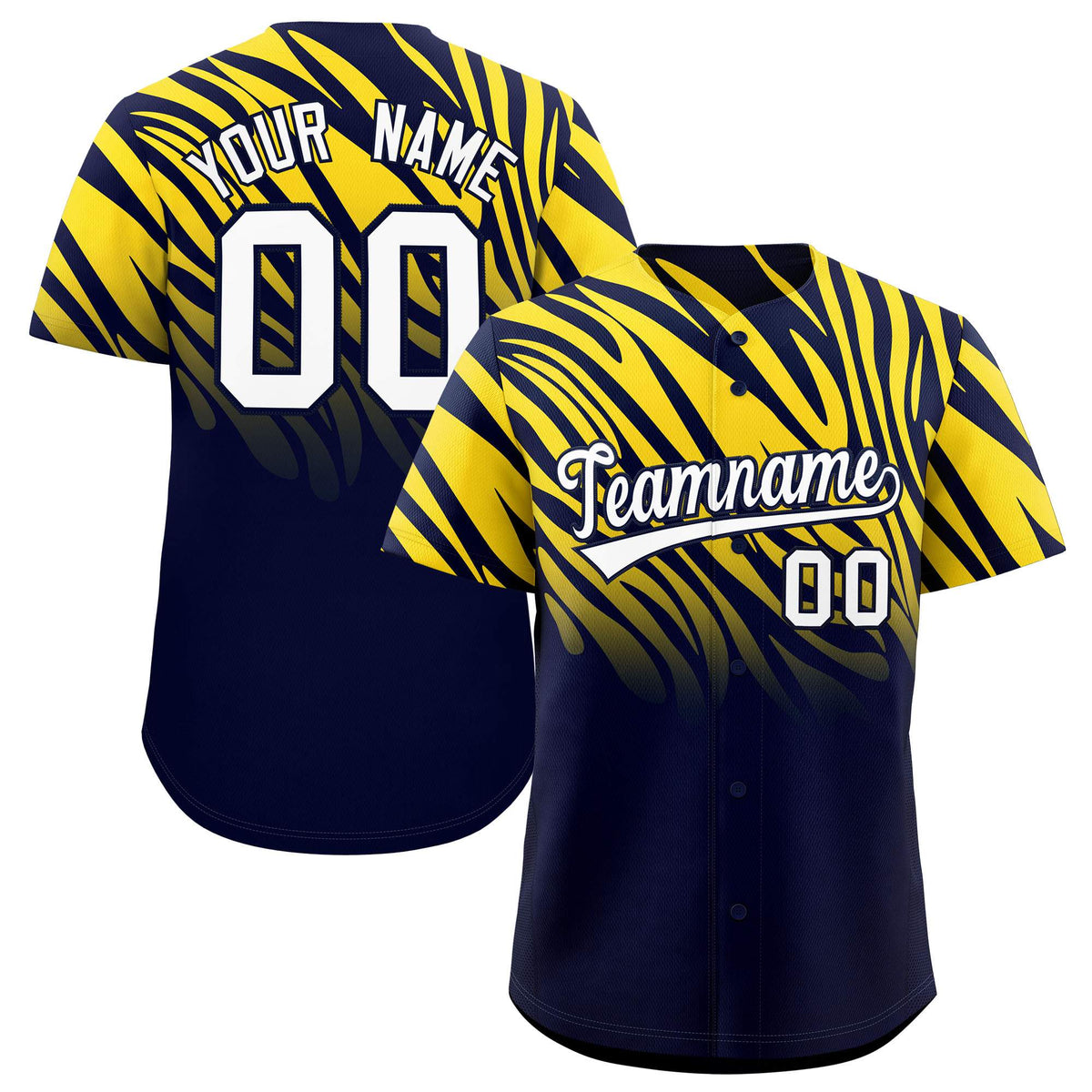 Custom Navy Gold Tiger Stripe Gradient Animal Print Personalized Team Shirt Baseball Jersey