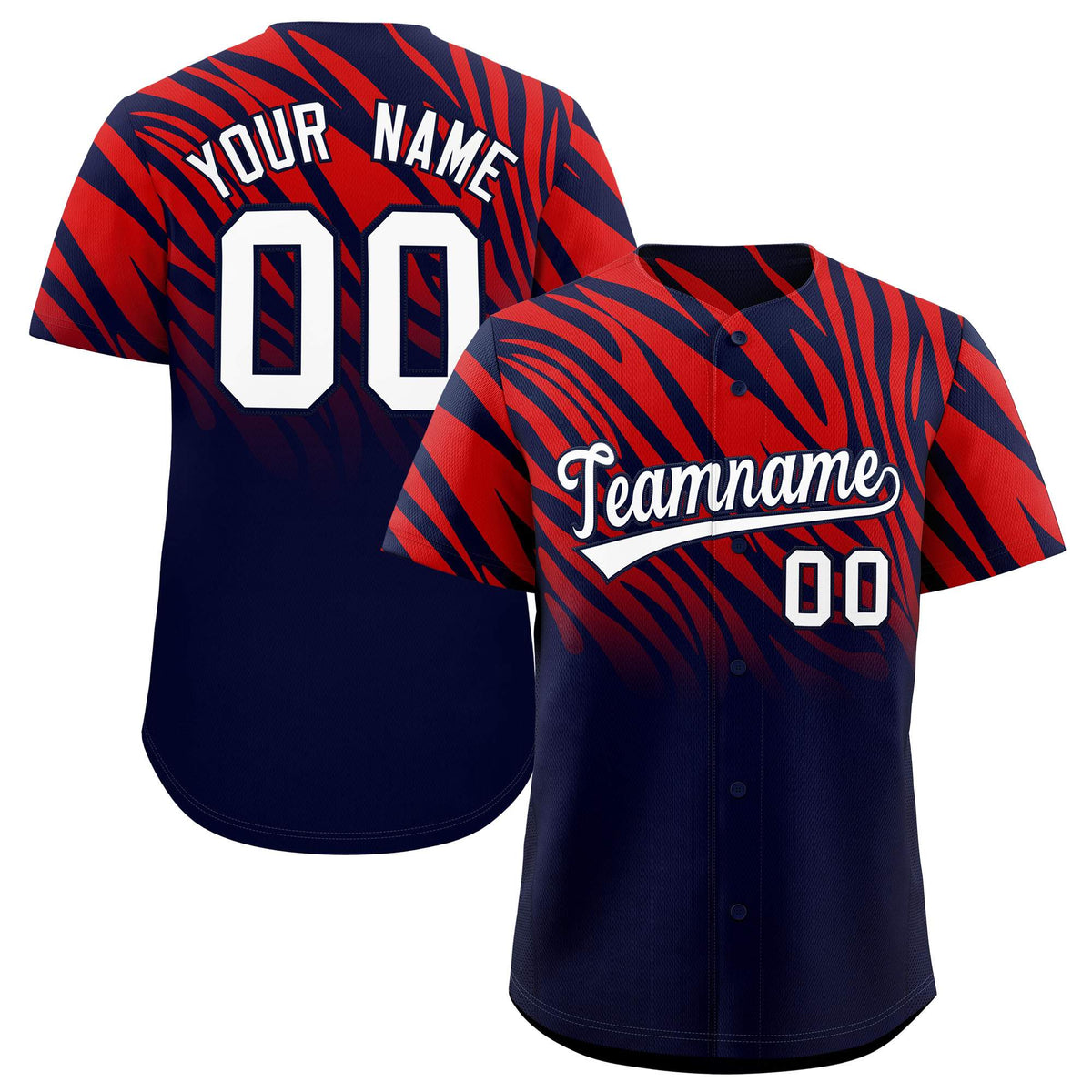 Custom Red Navy Tiger Stripe Gradient Animal Print Personalized Team Shirt Baseball Jersey