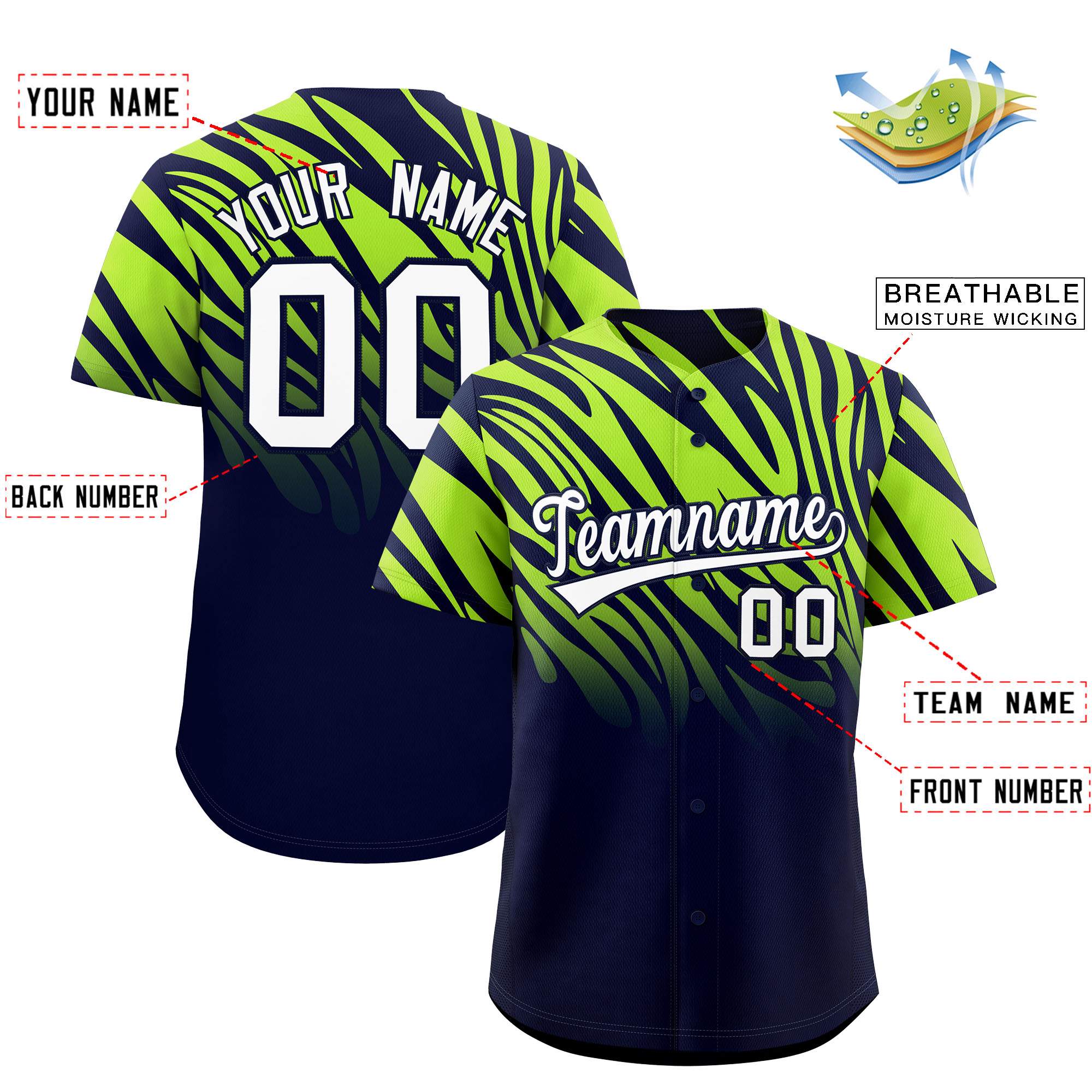 Custom Navy Neon Green Tiger Stripe Gradient Animal Print Personalized Team Shirt Baseball Jersey