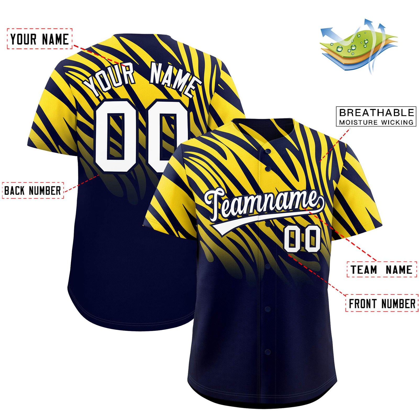 Custom Navy Gold Tiger Stripe Gradient Animal Print Personalized Team Shirt Baseball Jersey
