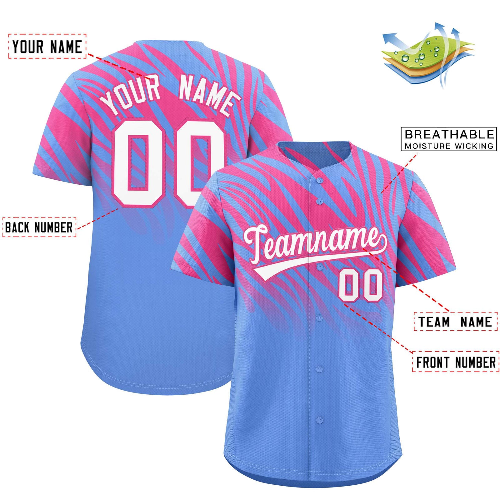 Custom Pink Light Blue Tiger Stripe Gradient Animal Print Personalized Team Shirt Baseball Jersey