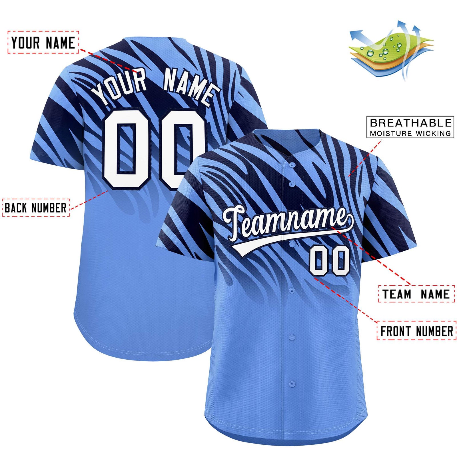 Custom Light Blue Navy Tiger Stripe Gradient Animal Print Personalized Team Shirt Baseball Jersey