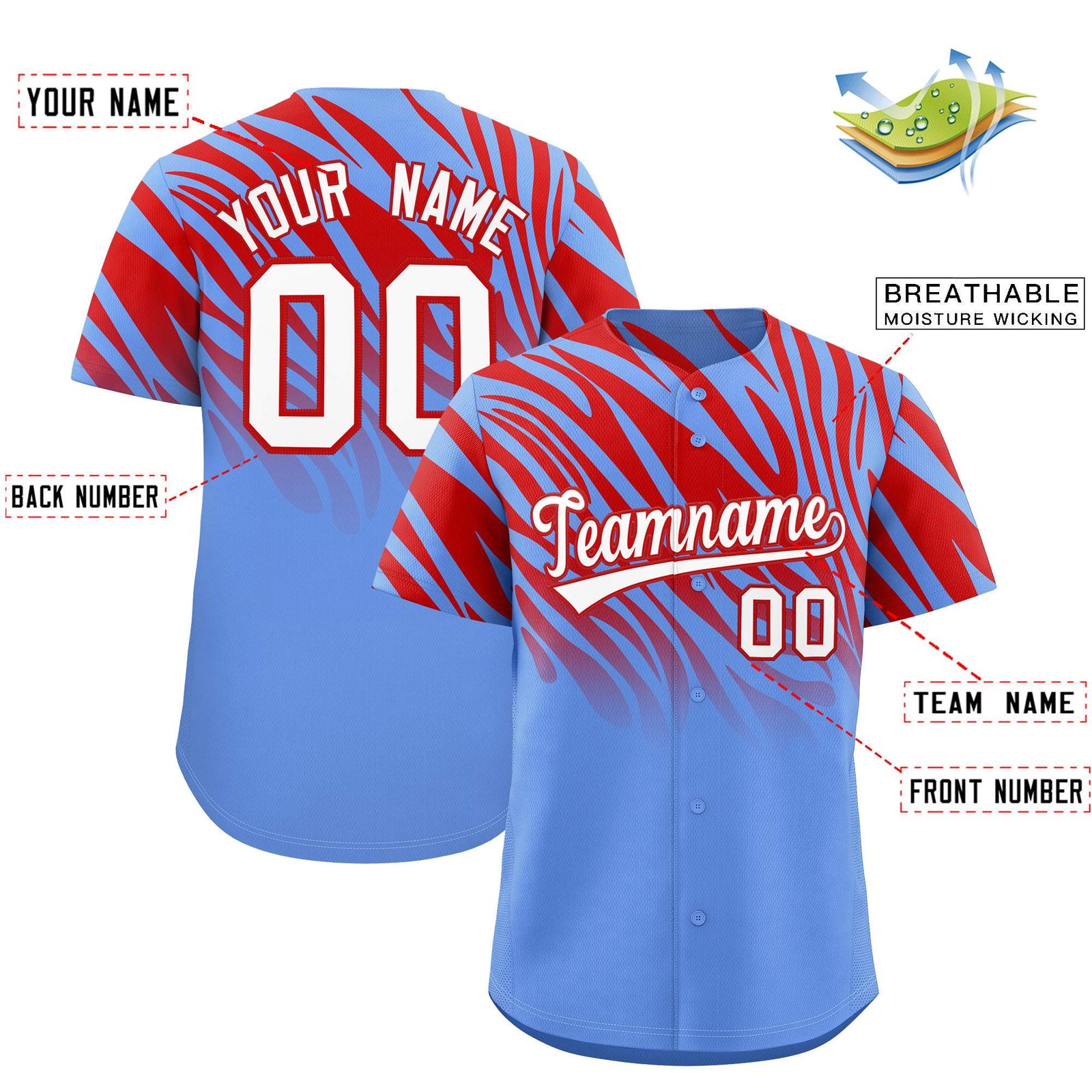 Custom Red Light Blue Tiger Stripe Gradient Animal Print Personalized Team Shirt Baseball Jersey