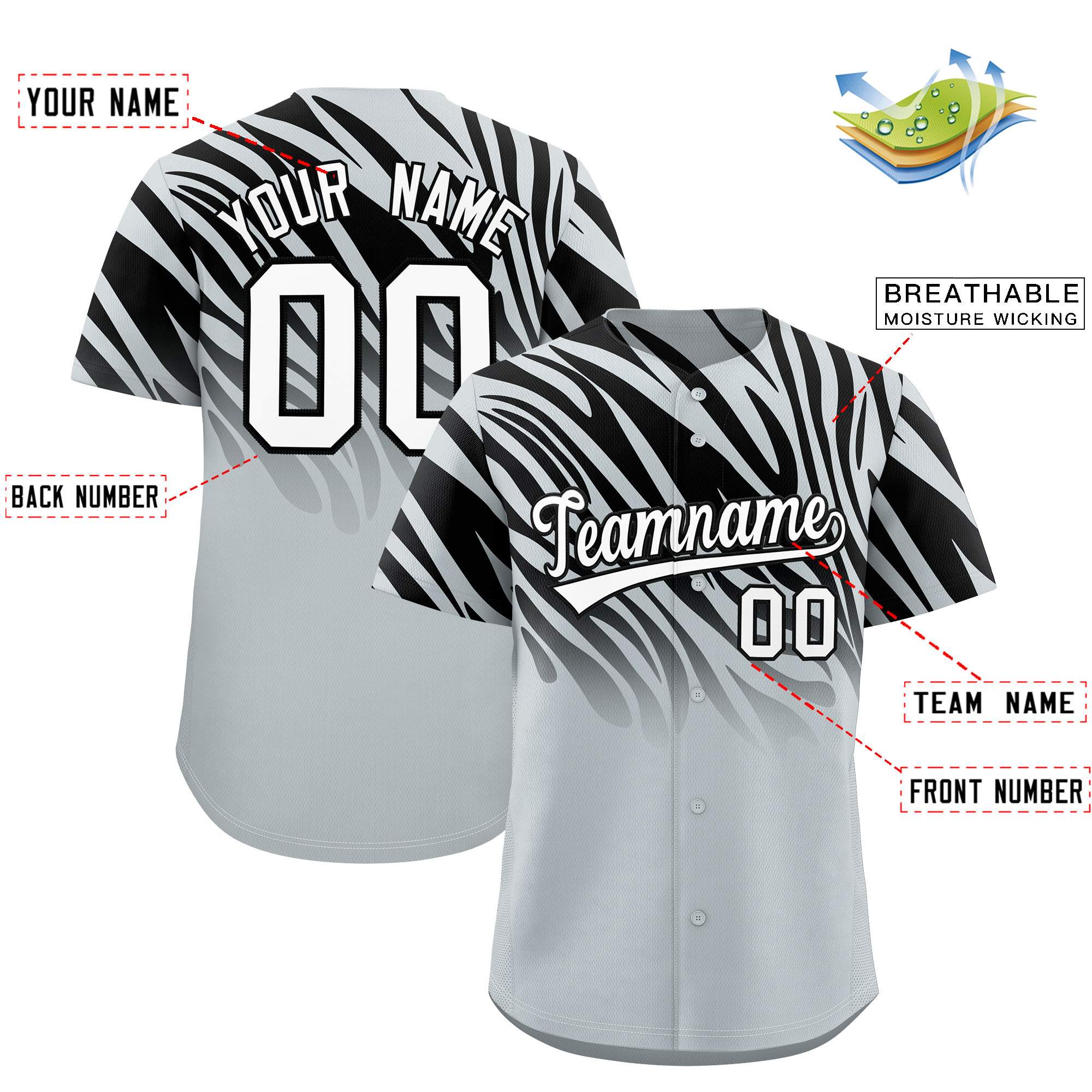 Custom Black Silver Tiger Stripe Gradient Animal Print Personalized Team Shirt Baseball Jersey