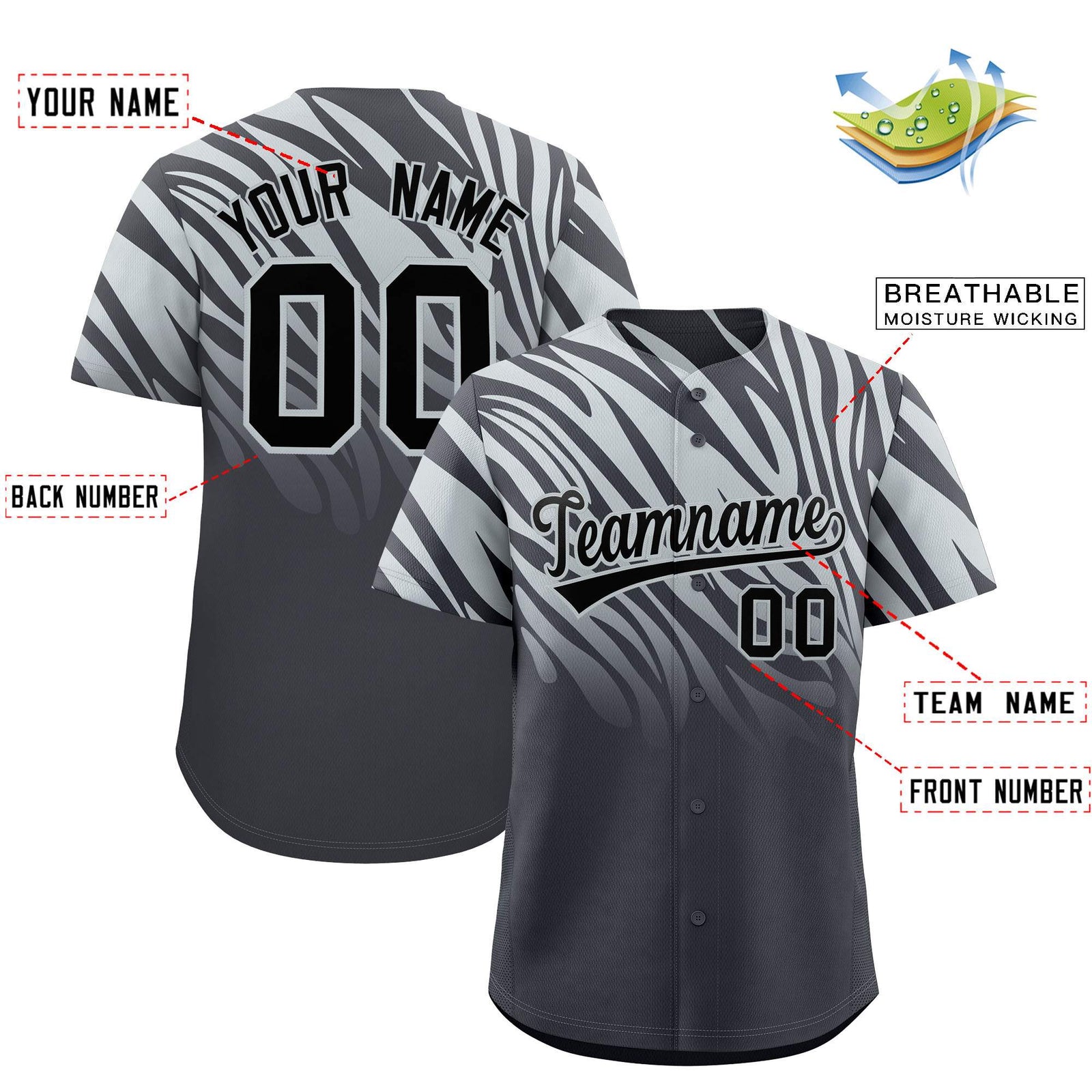 Custom Gray Silver Tiger Stripe Gradient Animal Print Personalized Team Shirt Baseball Jersey