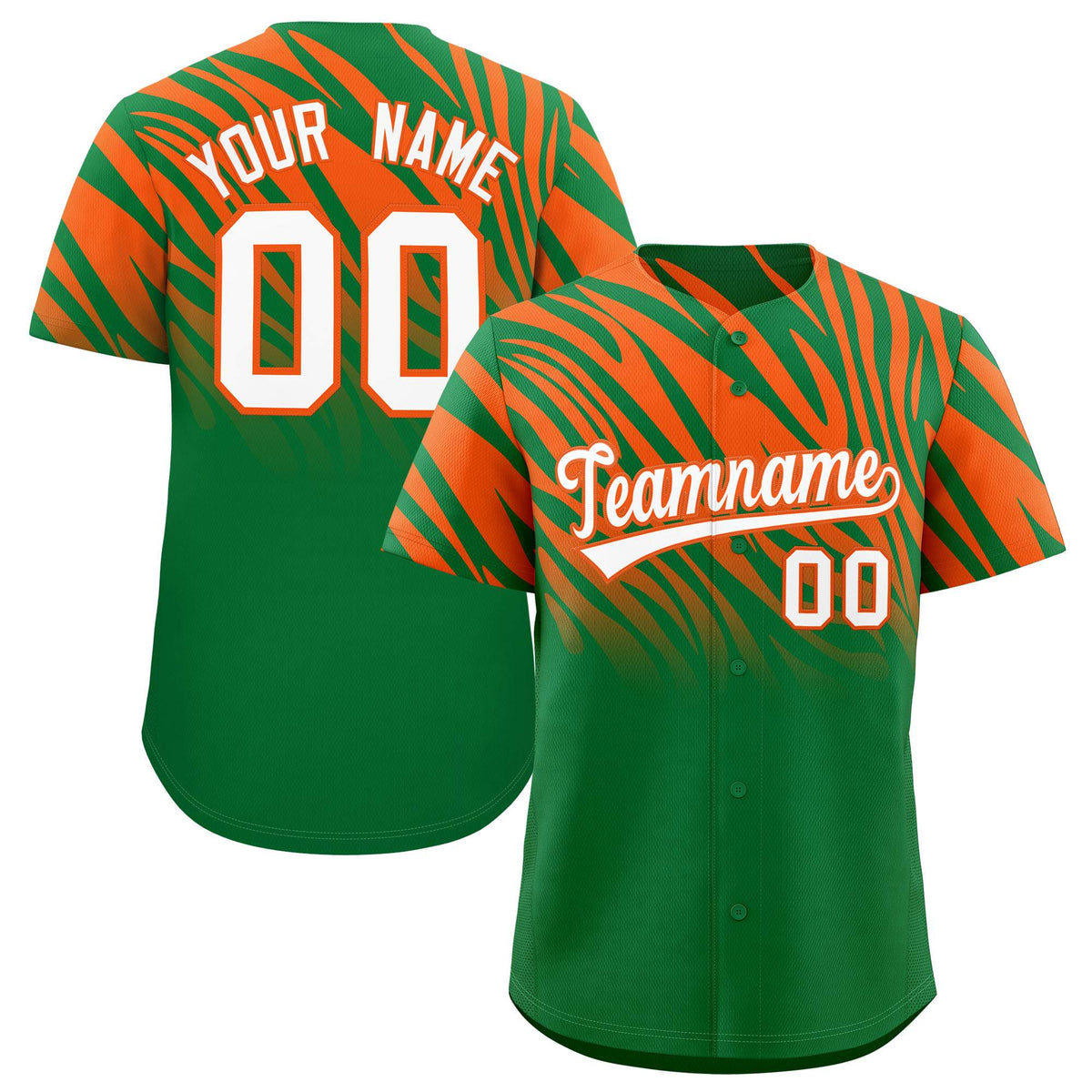 Custom Kelly Green Orange Tiger Stripe Gradient Animal Print Personalized Team Shirt Baseball Jersey