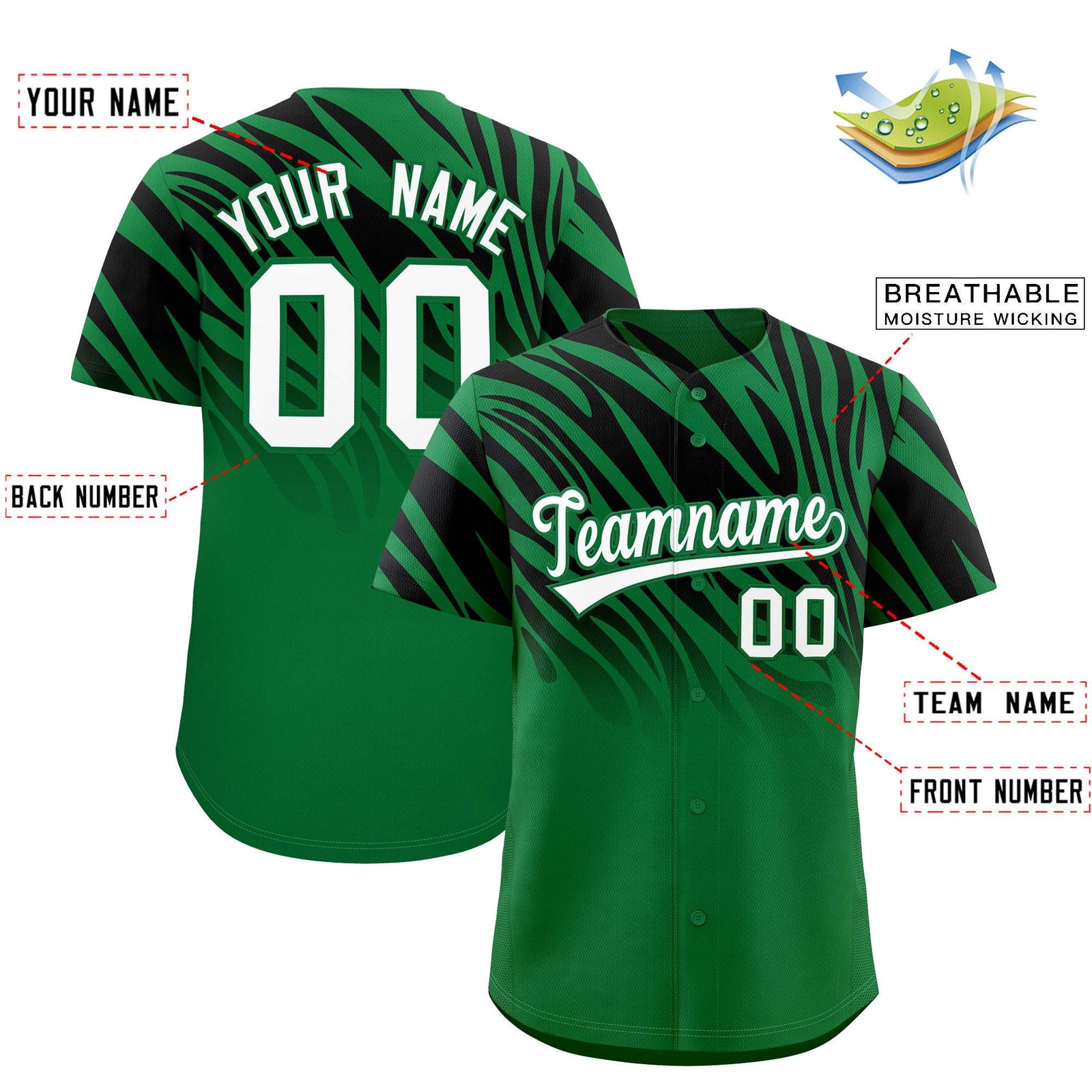 Custom Kelly Green Black Tiger Stripe Gradient Animal Print Personalized Team Shirt Baseball Jersey