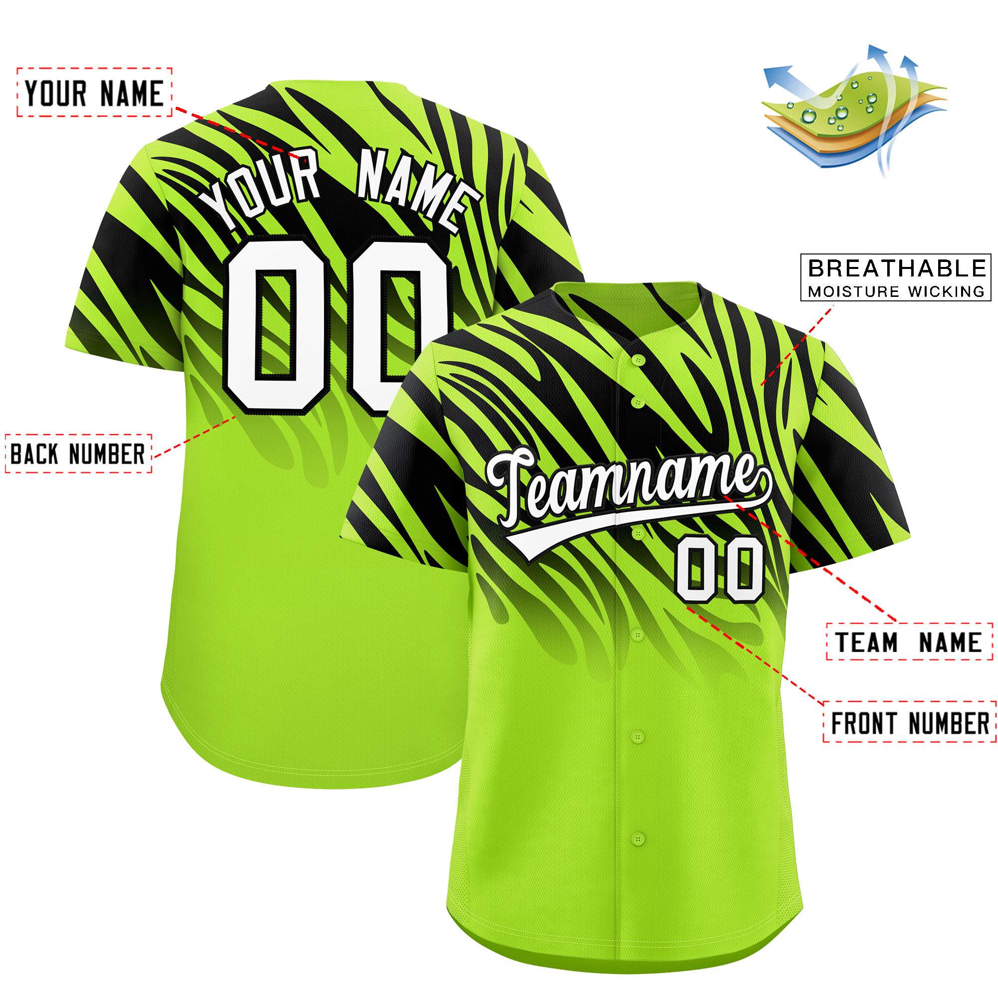 Custom Neon Green Black Tiger Stripe Gradient Animal Print Personalized Team Shirt Baseball Jersey