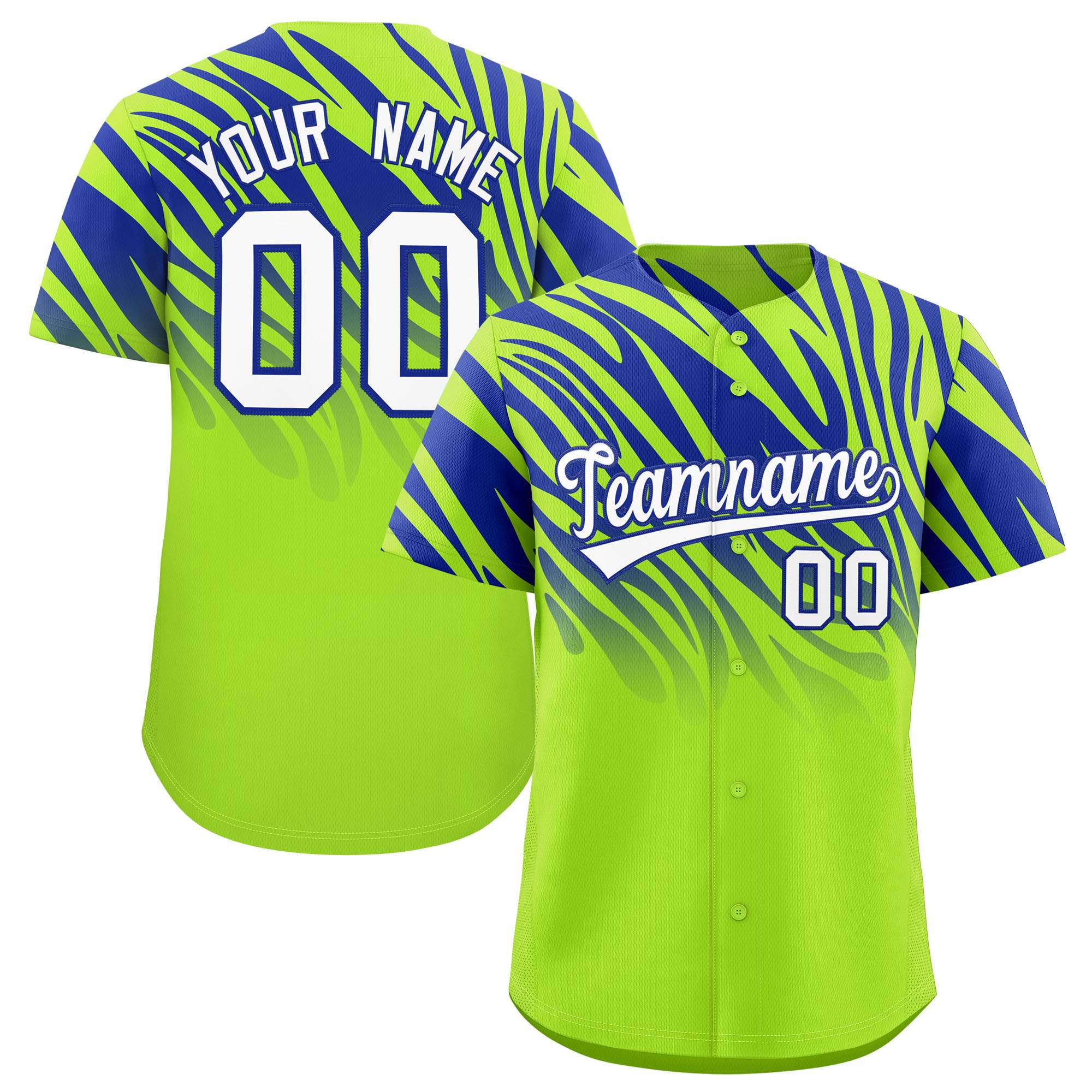 Custom Neon Green Royal Tiger Stripe Gradient Animal Print Personalized Team Shirt Baseball Jersey
