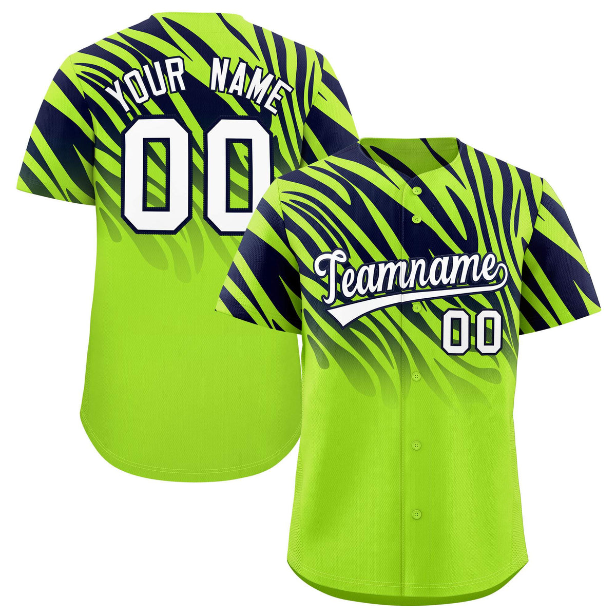 Custom Neon Green Navy Tiger Stripe Gradient Animal Print Personalized Team Shirt Baseball Jersey