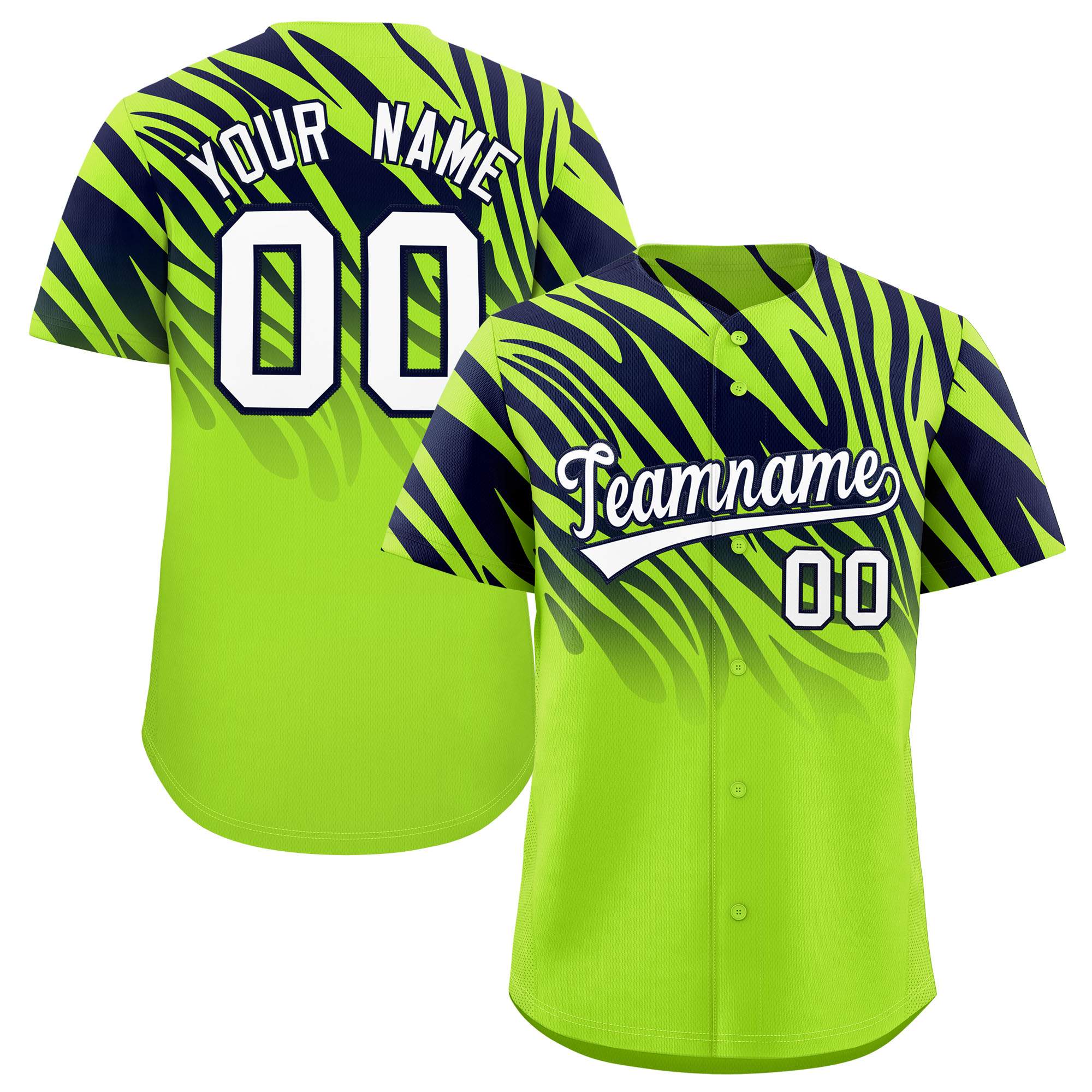 Custom Neon Green Navy Tiger Stripe Gradient Animal Print Personalized Team Shirt Baseball Jersey