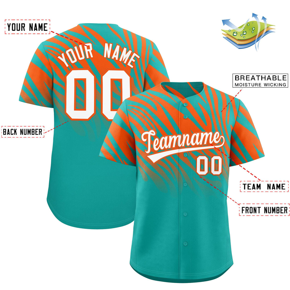 Custom Aqua Orange Tiger Stripe Gradient Animal Print Personalized Team Shirt Baseball Jersey