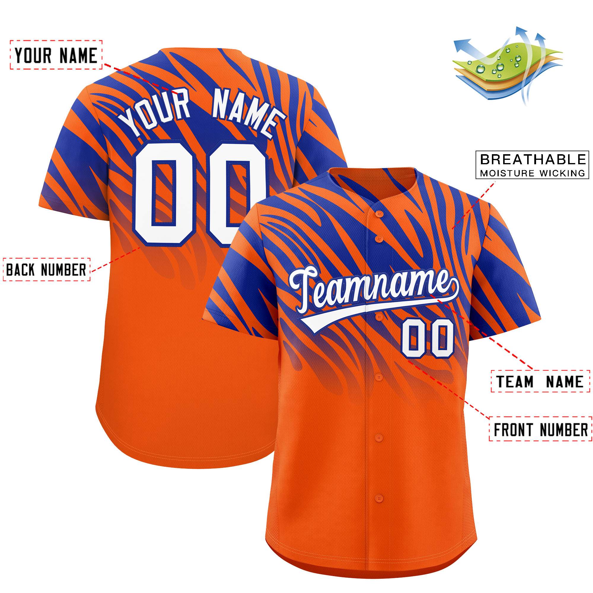 Custom Orange Royal Tiger Stripe Gradient Animal Print Personalized Team Shirt Baseball Jersey