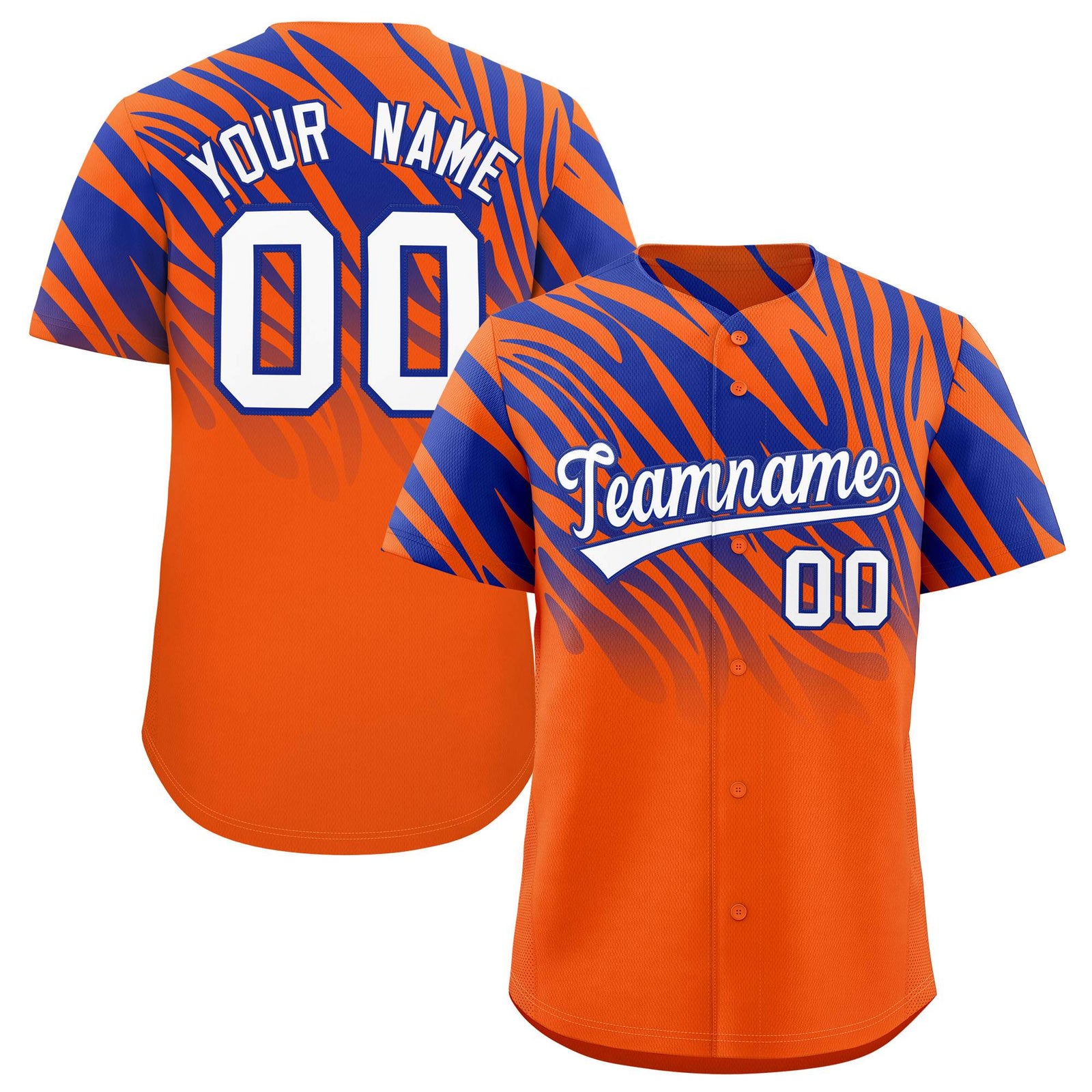 Custom Orange Royal Tiger Stripe Gradient Animal Print Personalized Team Shirt Baseball Jersey