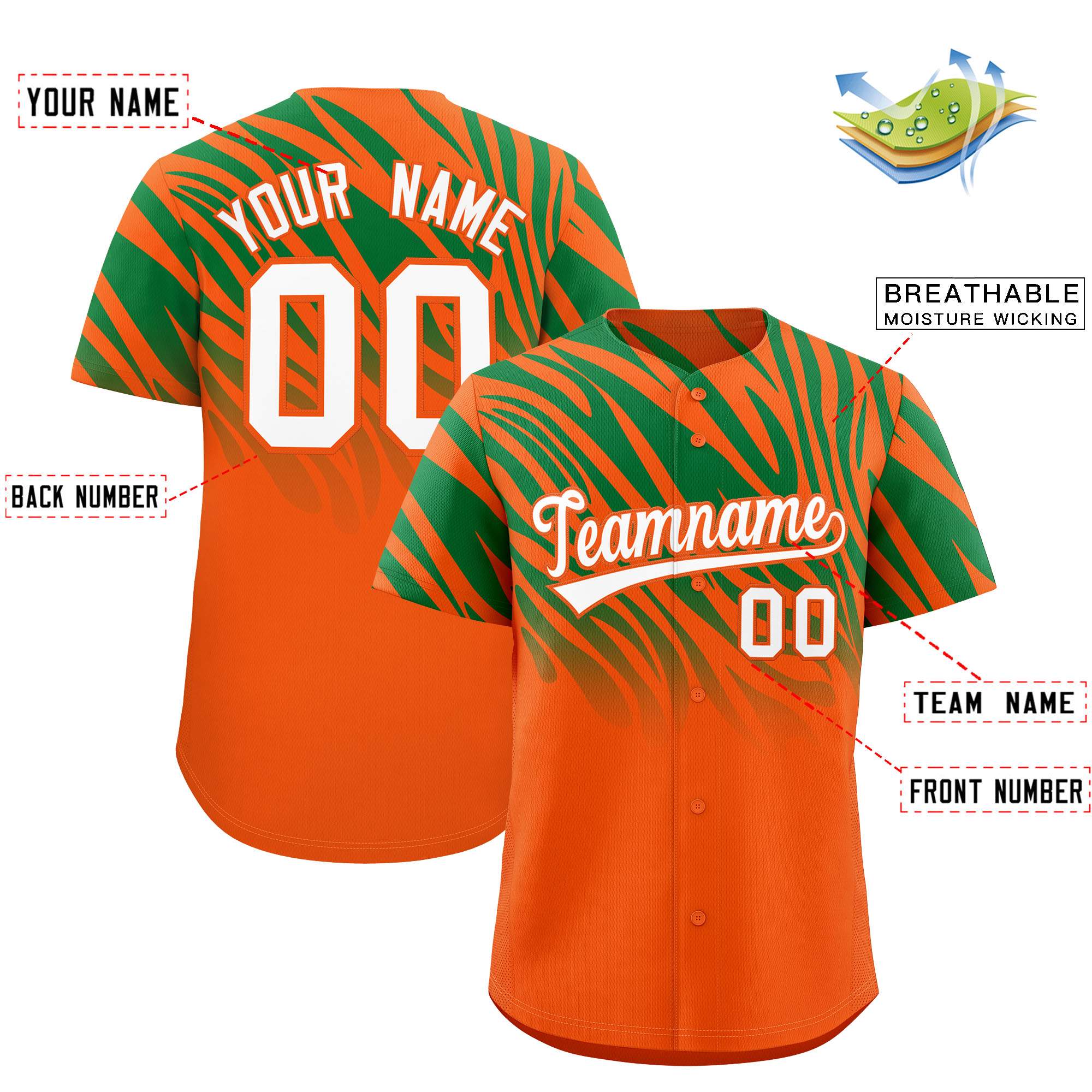 Custom Orange Kelly Green Tiger Stripe Gradient Animal Print Personalized Team Shirt Baseball Jersey
