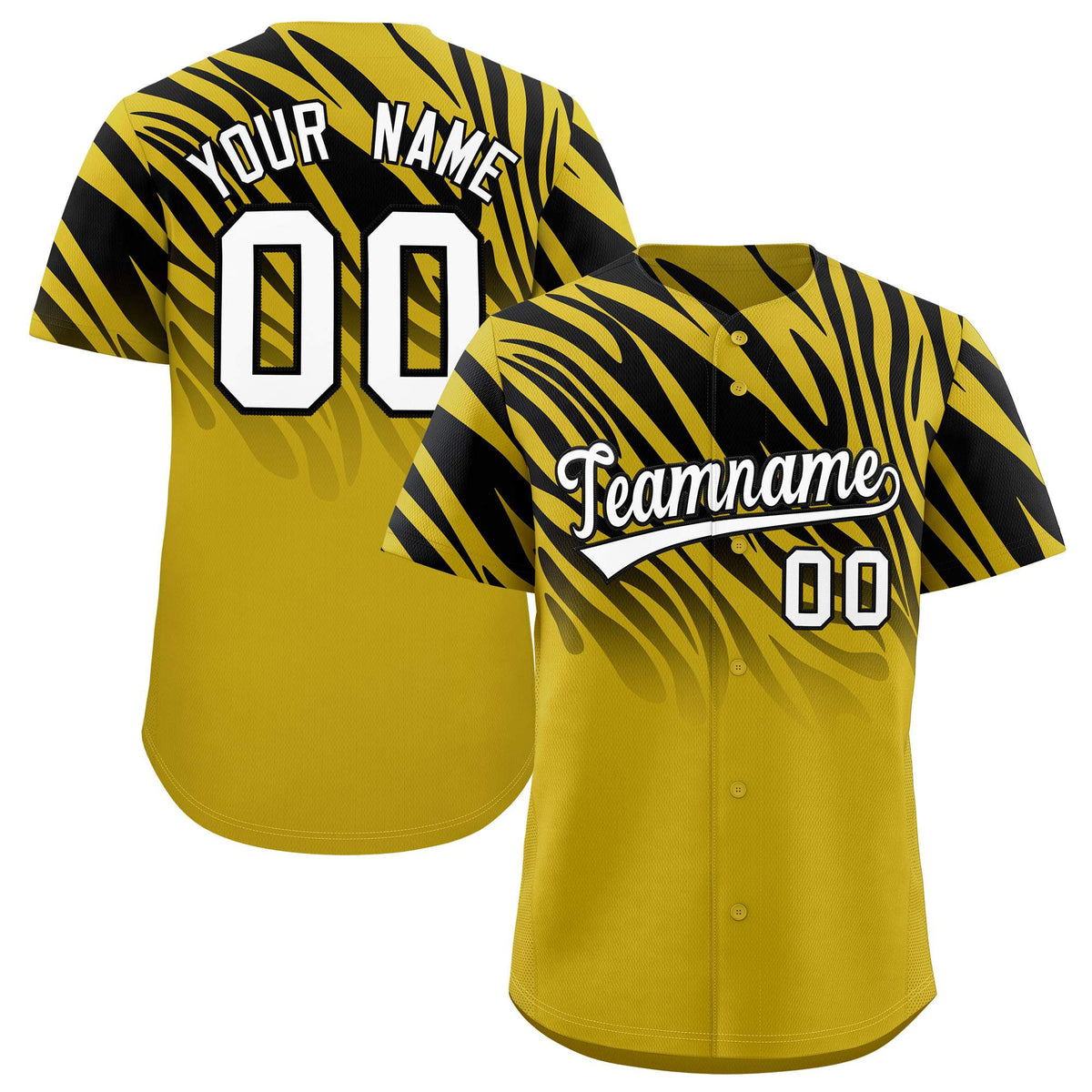Custom Black Old Gold Tiger Stripe Gradient Animal Print Personalized Team Shirt Baseball Jersey
