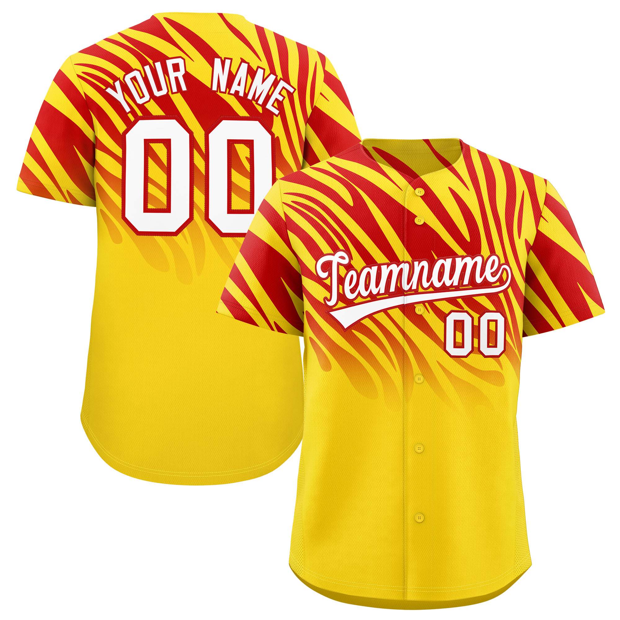 Custom Gold Red Tiger Stripe Gradient Animal Print Personalized Team Shirt Baseball Jersey