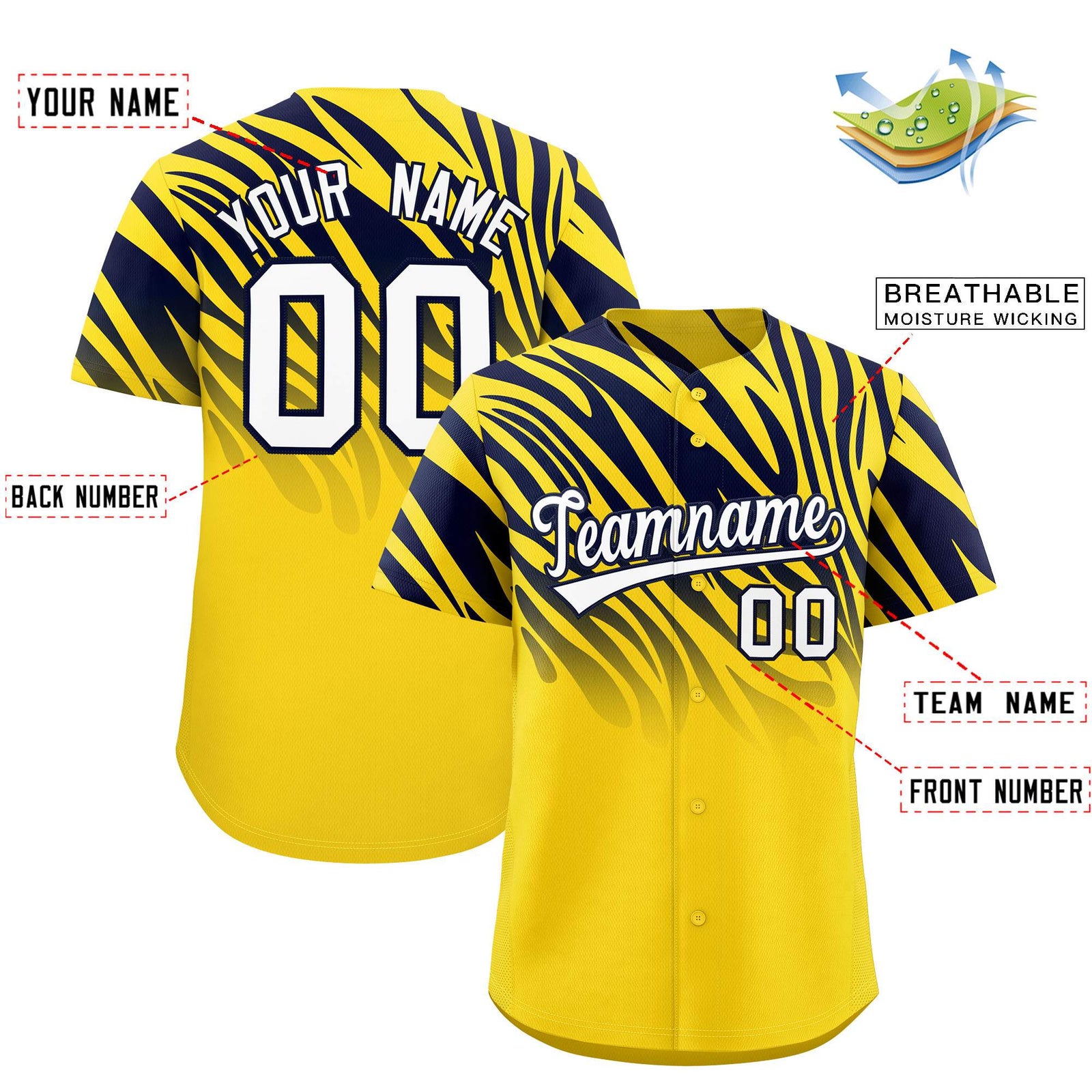 Custom Gold Navy Tiger Stripe Gradient Animal Print Personalized Team Shirt Baseball Jersey