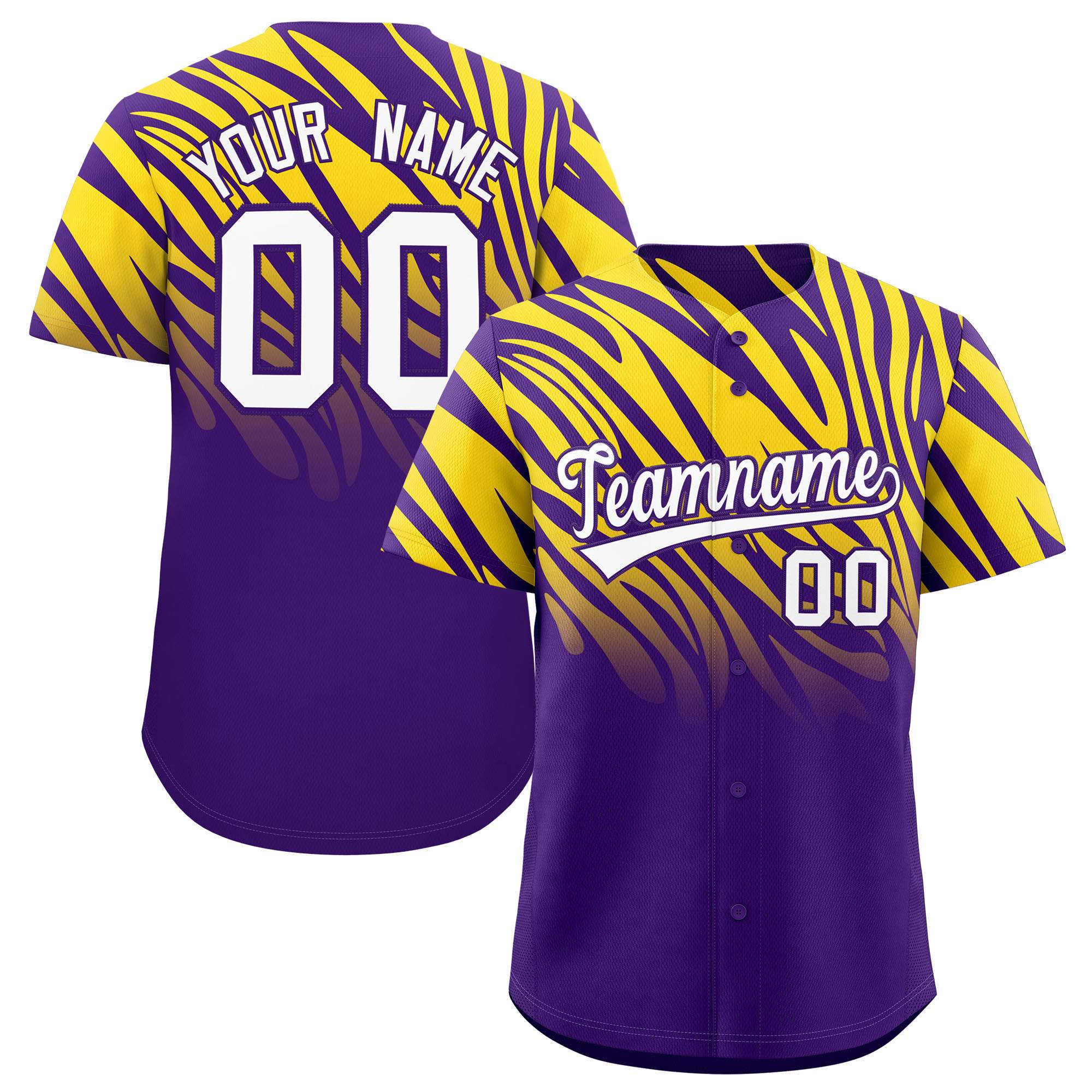 Custom Purple Gold Tiger Stripe Gradient Animal Print Personalized Team Shirt Baseball Jersey
