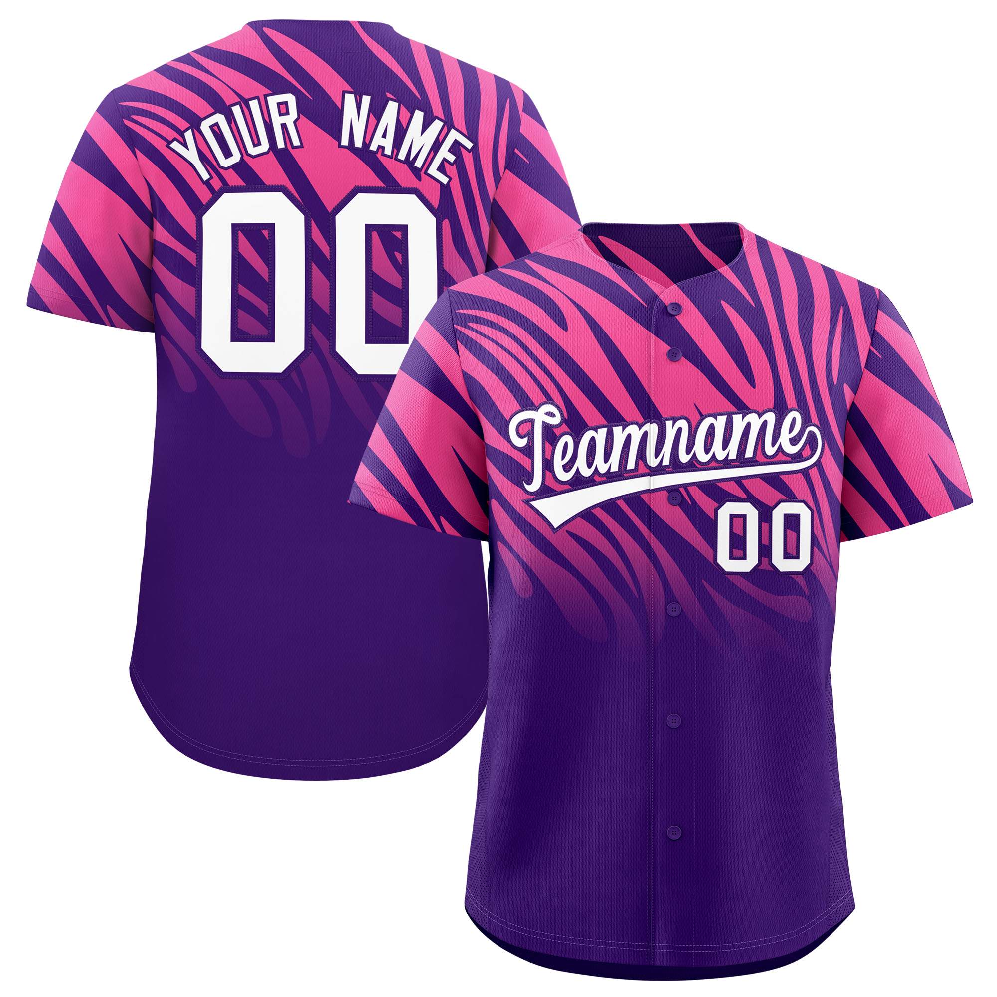 Custom Purple Pink Tiger Stripe Gradient Animal Print Personalized Team Shirt Baseball Jersey