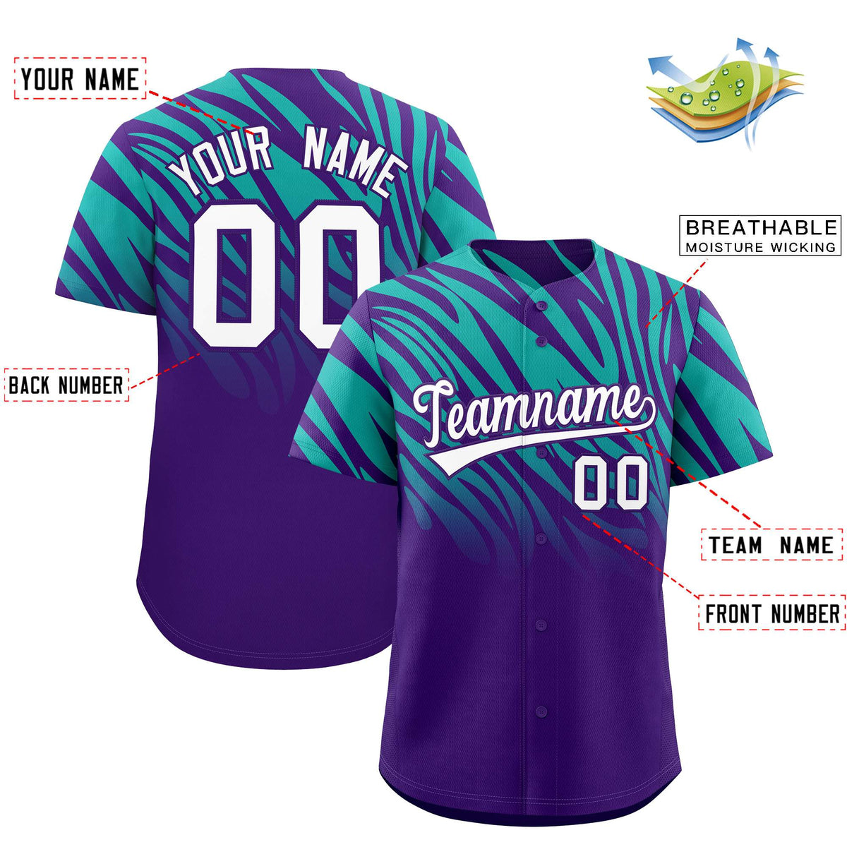 Custom Purple Aqua Tiger Stripe Gradient Animal Print Personalized Team Shirt Baseball Jersey