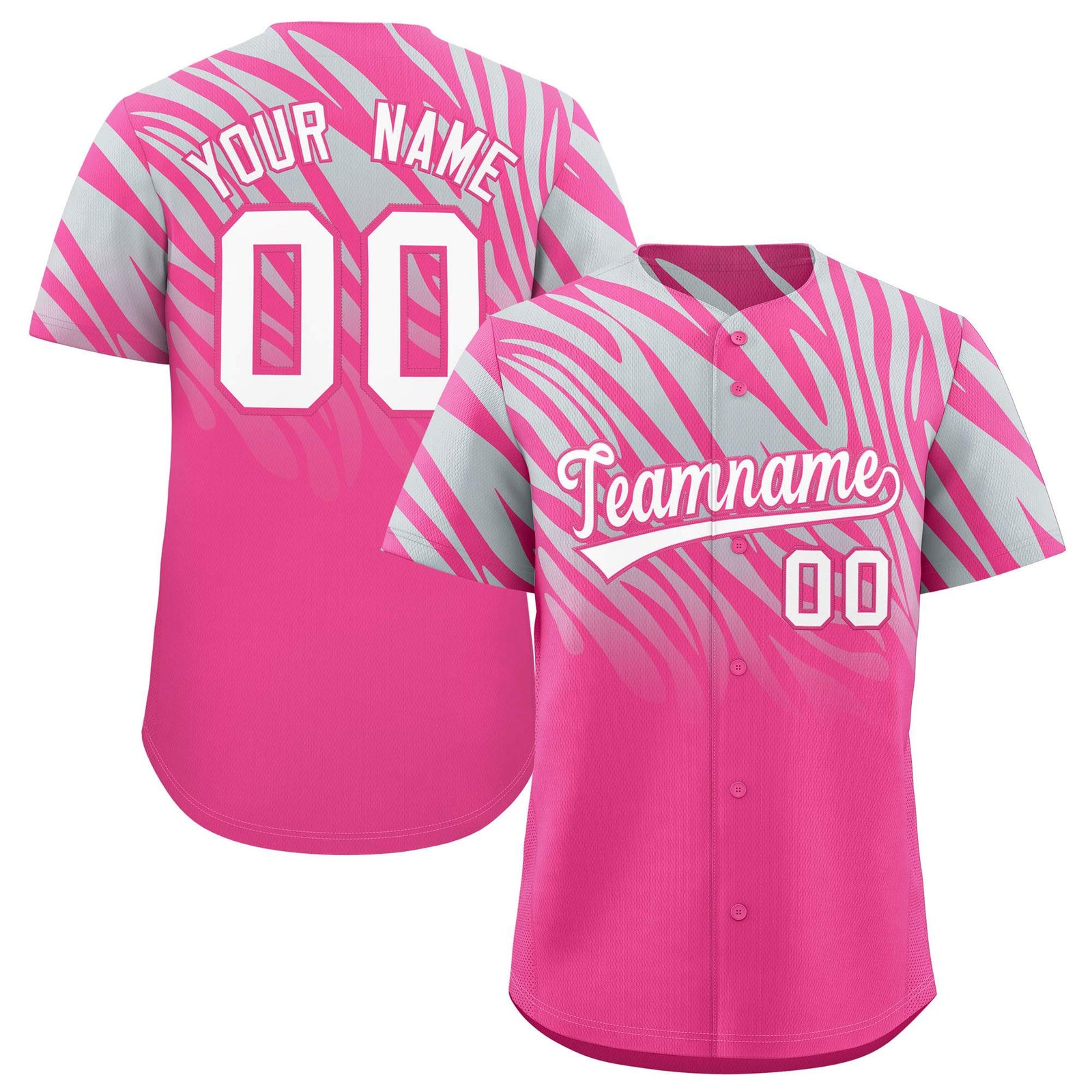 Custom Pink Silver Tiger Stripe Gradient Animal Print Personalized Team Shirt Baseball Jersey