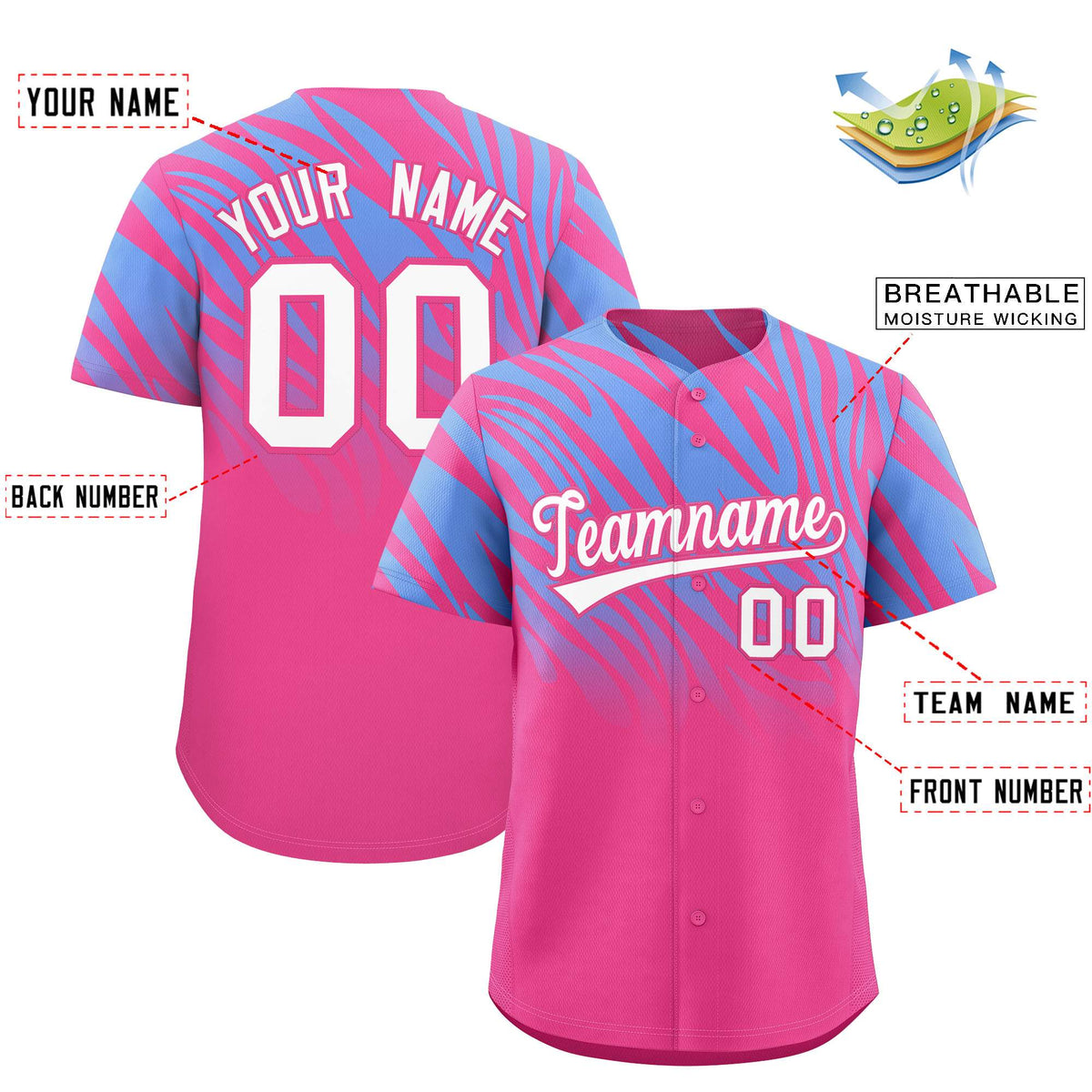 Custom Pink Light Blue Tiger Stripe Gradient Animal Print Personalized Team Shirt Baseball Jersey