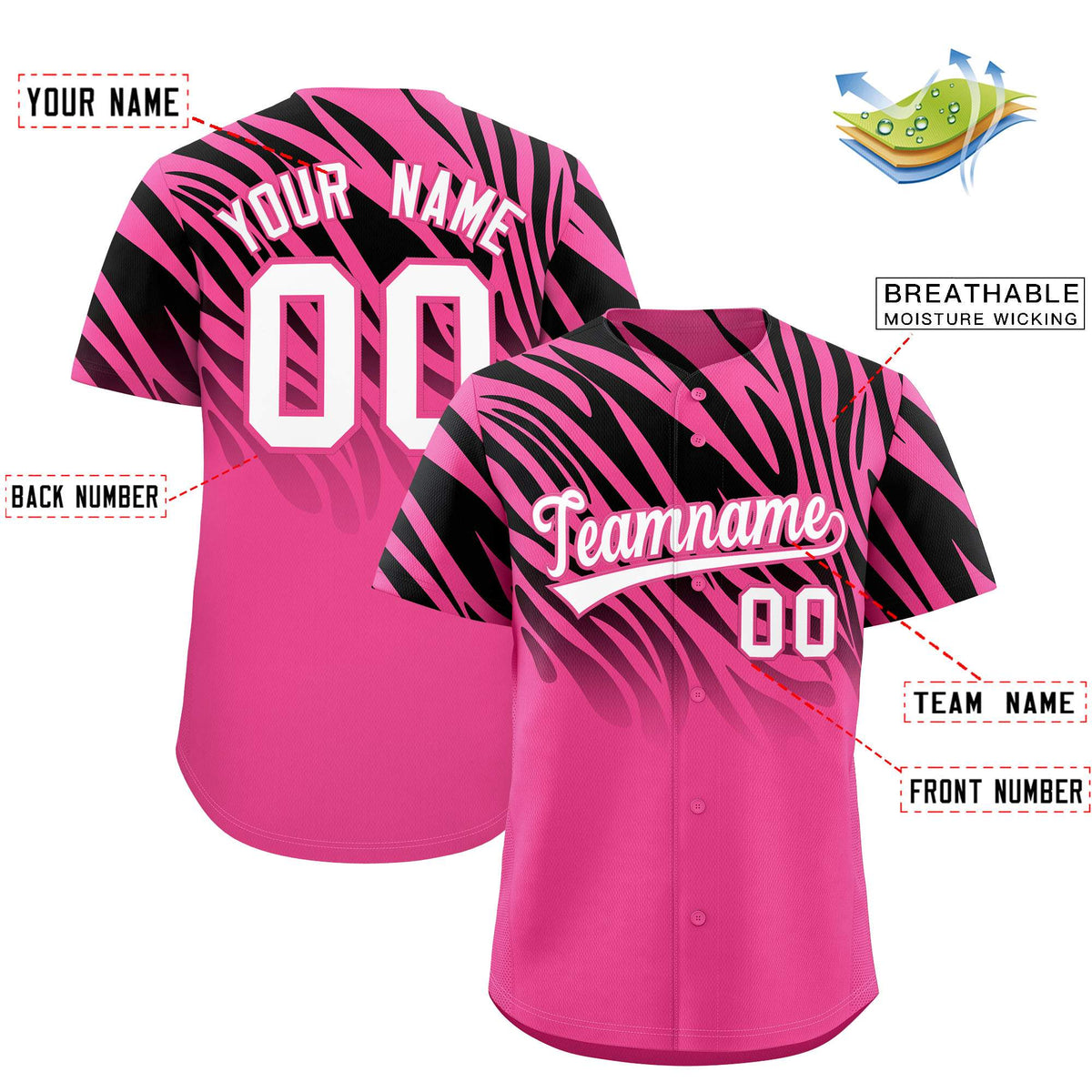 Custom Pink Black Tiger Stripe Gradient Animal Print Personalized Team Shirt Baseball Jersey