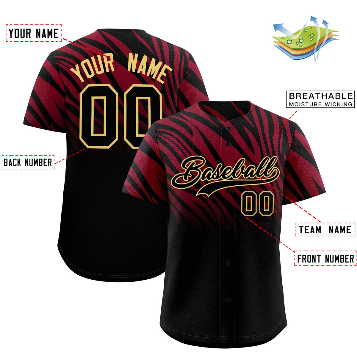 Custom Crimson Black Tiger Stripe Gradient Animal Print Personalized Team Shirt Baseball Jersey