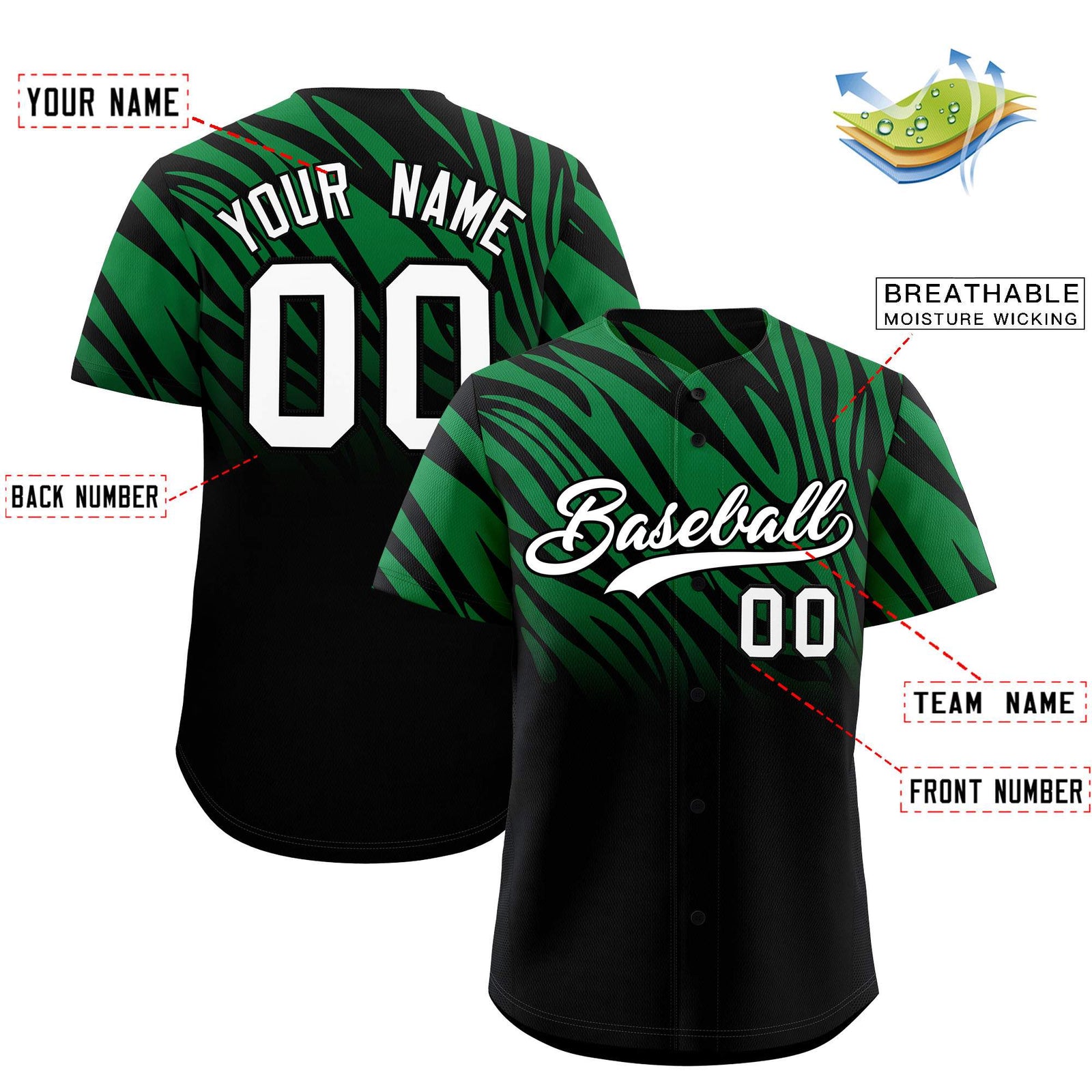 Custom Kelly Green Black Tiger Stripe Gradient Animal Print Personalized Team Shirt Baseball Jersey