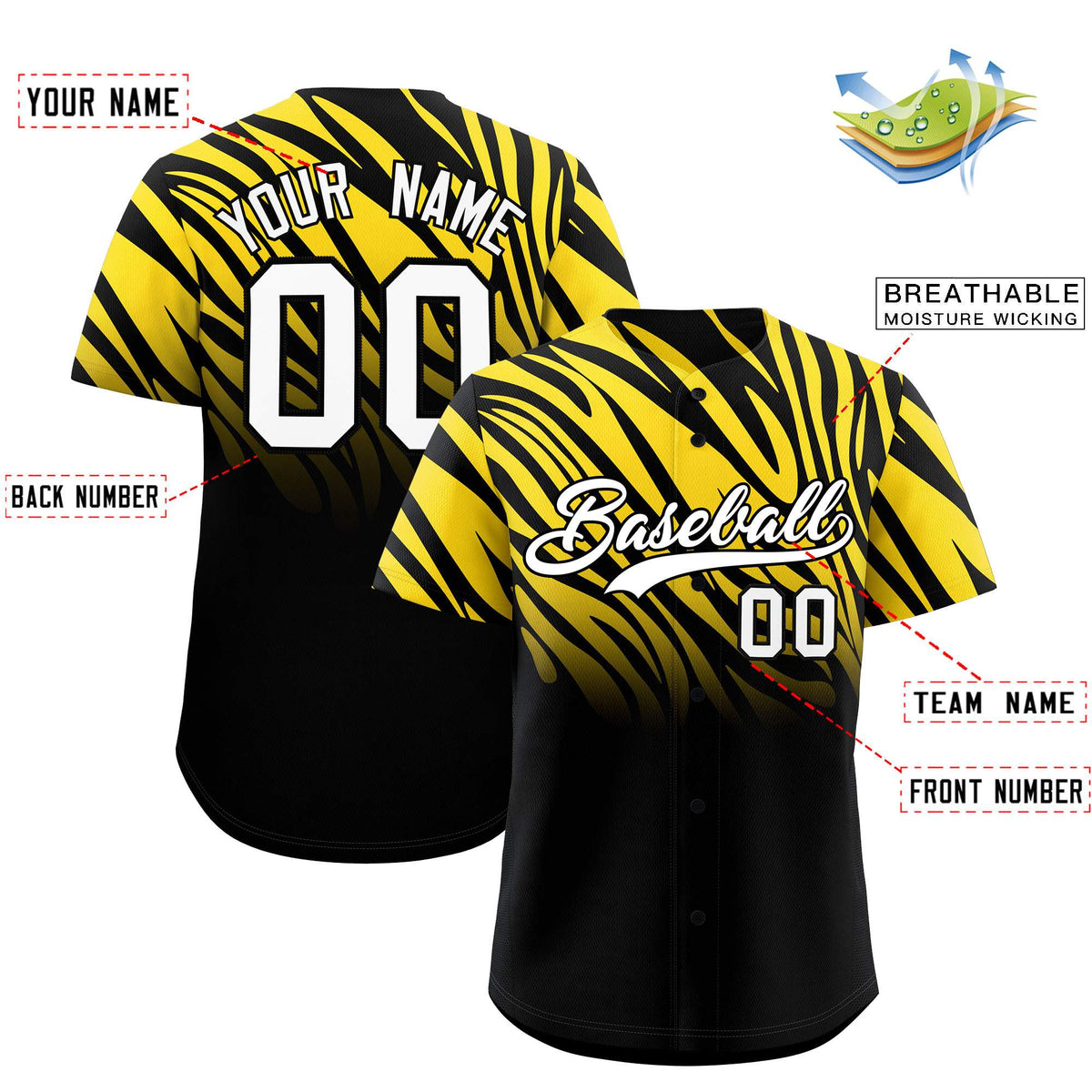 Custom Gold Black Tiger Stripe Gradient Animal Print Personalized Team Shirt Baseball Jersey