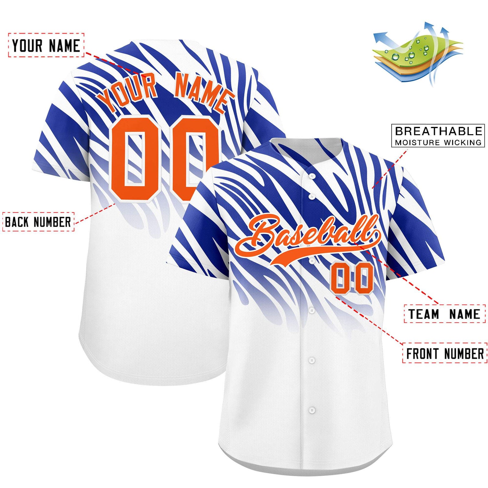 Custom Royal White Tiger Stripe Gradient Animal Print Personalized Team Shirt Baseball Jersey