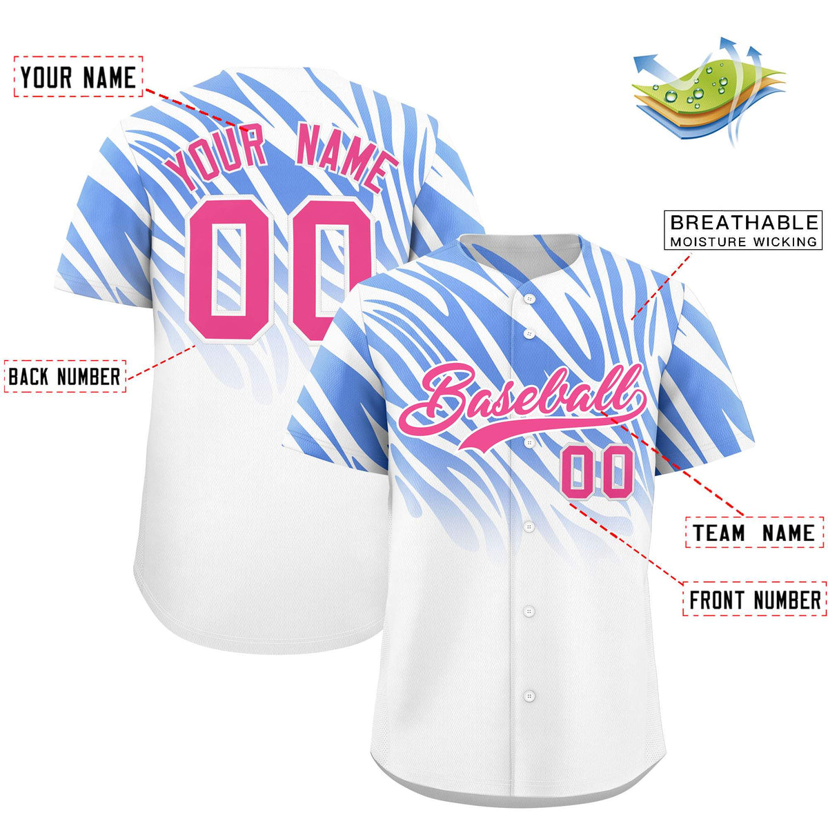 Custom Light Blue White Tiger Stripe Gradient Animal Print Personalized Team Shirt Baseball Jersey